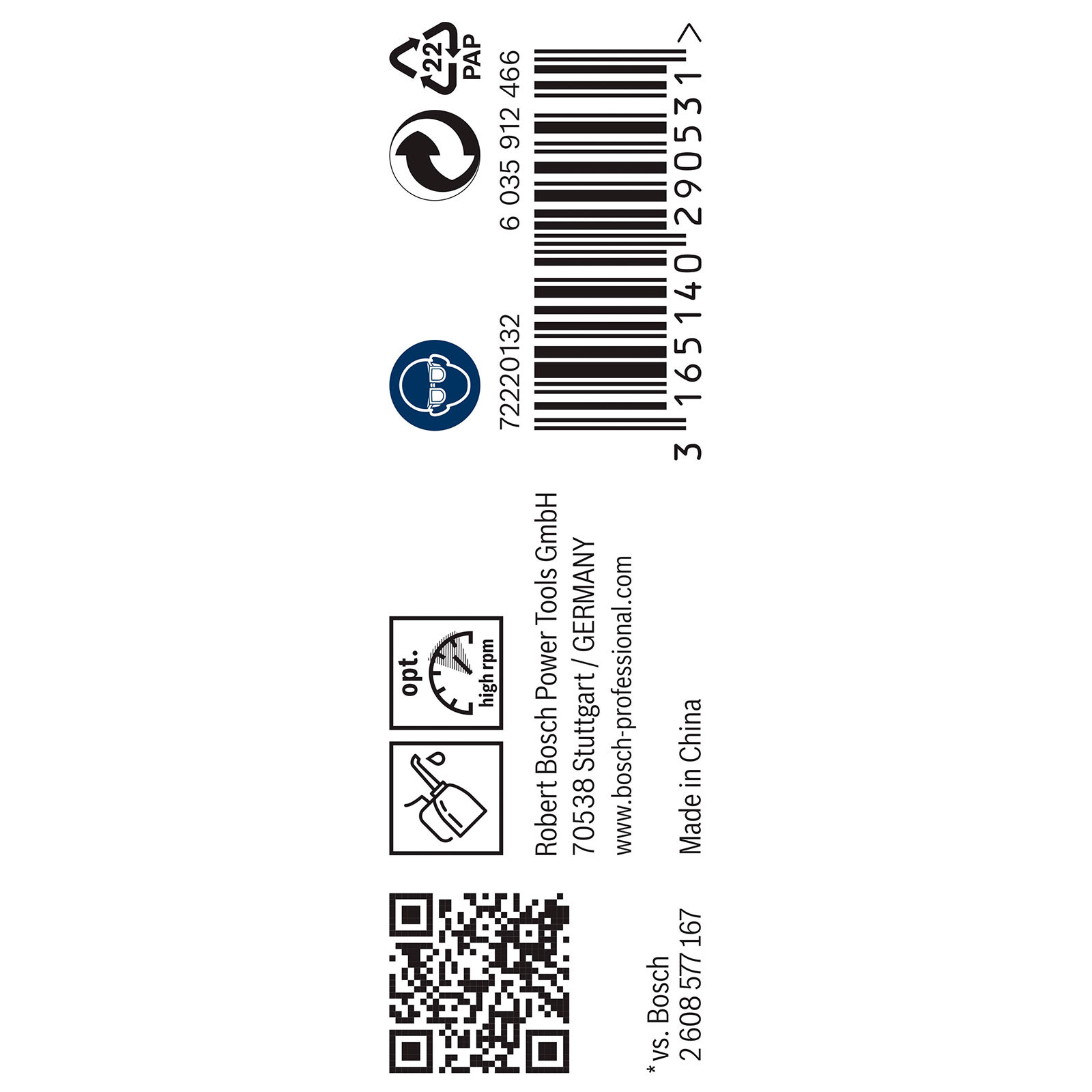 Produktetikett mit QR-Code, Barcode, Recyclingsymbolen und Text, darunter „Robert Bosch Power Tools GmbH“ und „Made in China“.