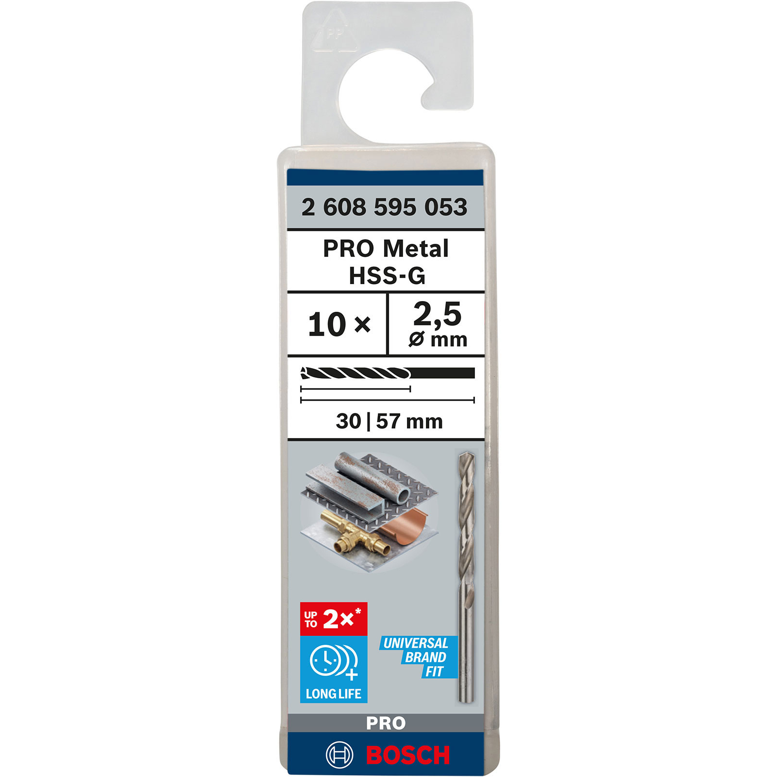 Bosch PRO Metall HSS-G Bohrerverpackung, weiß und grau, mit den Spezifikationen 10x 2,5mm und 30|57mm.