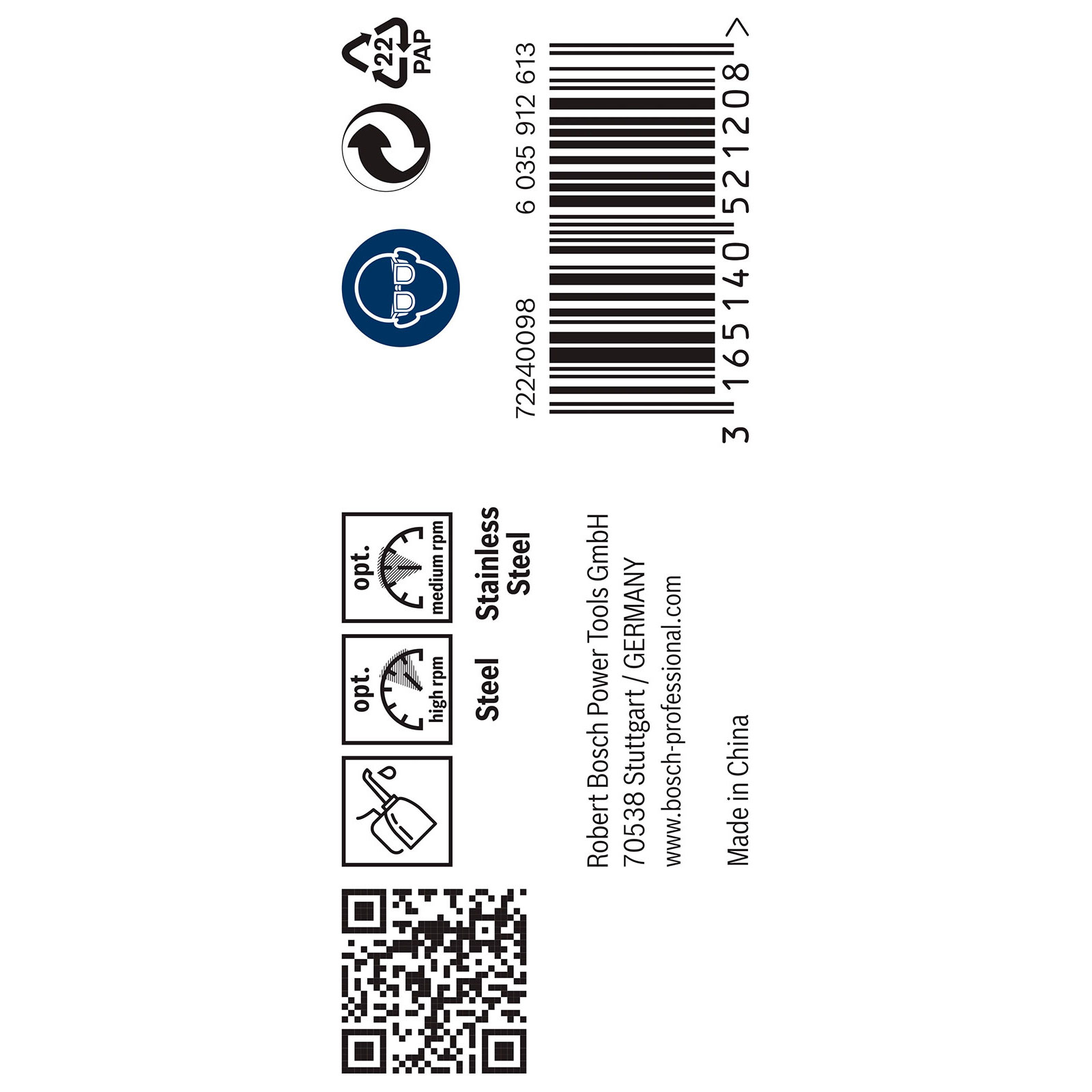 Produktetikett mit QR-Code, Barcode und Symbolen für Recycling, Augenschutz und Geschwindigkeitseinstellungen für Stahl.