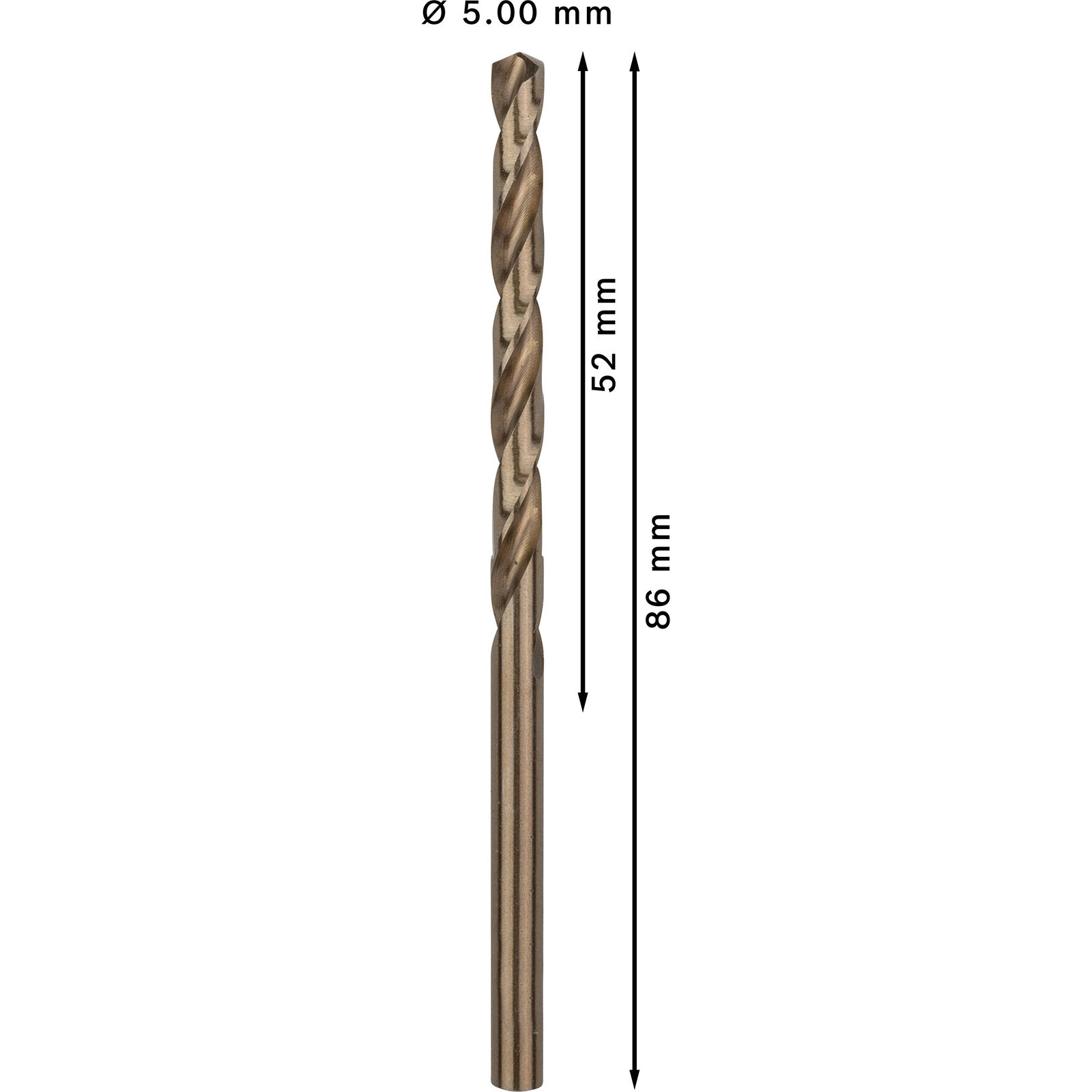 Ein brauner Bohrer mit 5,00 mm Durchmesser, 52 mm Arbeitslänge und 86 mm Gesamtlänge, auf weißem Hintergrund.