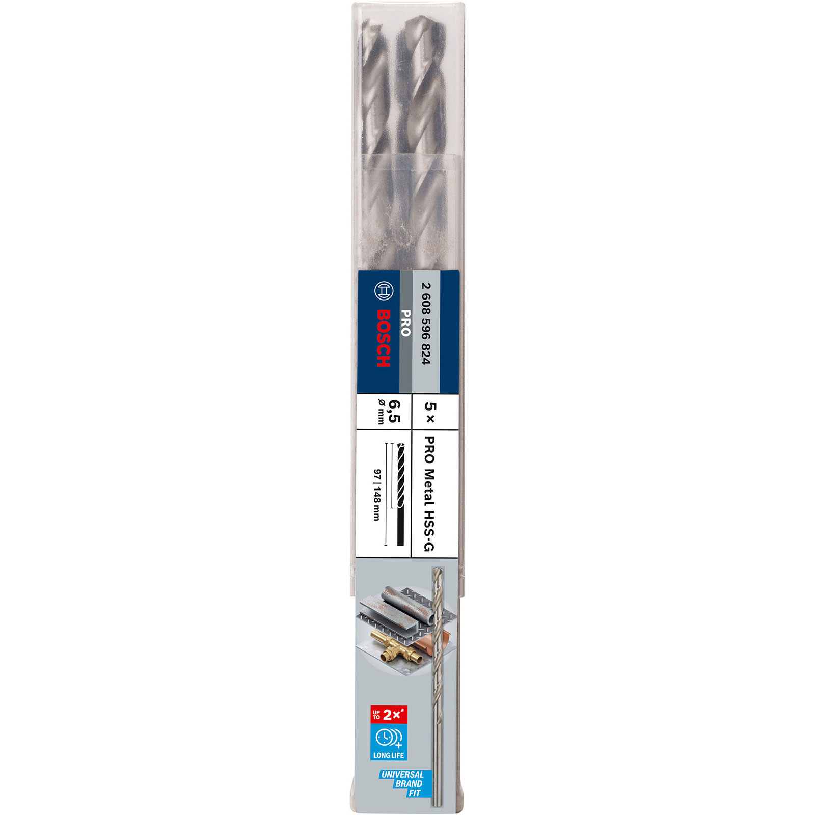 Eine Packung mit zwei Bosch Pro Metall HSS-G Bohrern, 6,5 mm Durchmesser, 97/148 mm Länge, auf weißem Hintergrund.