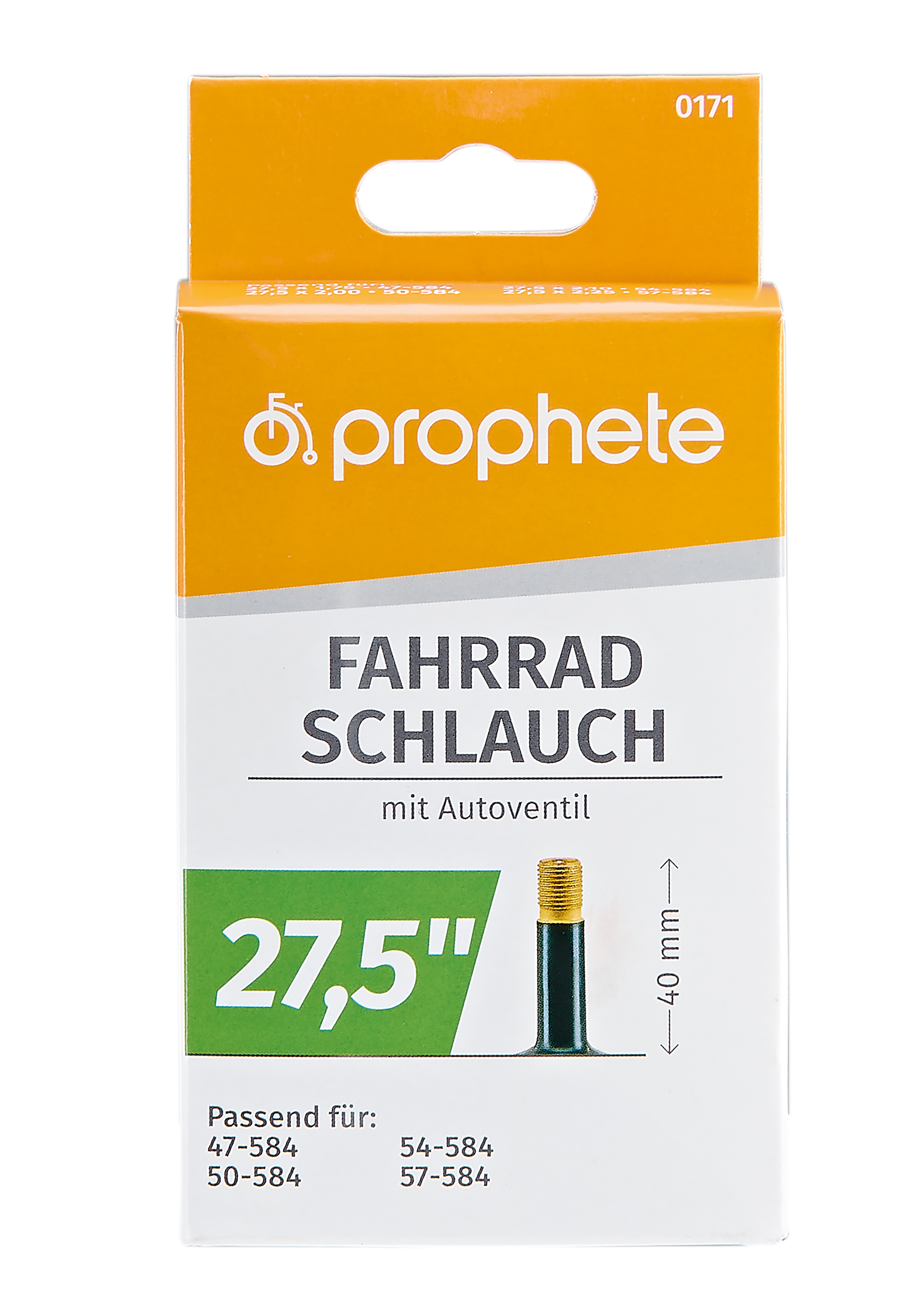 Verpackung für einen 27,5 Zoll Fahrradschlauch mit Autoventil von Prophete.