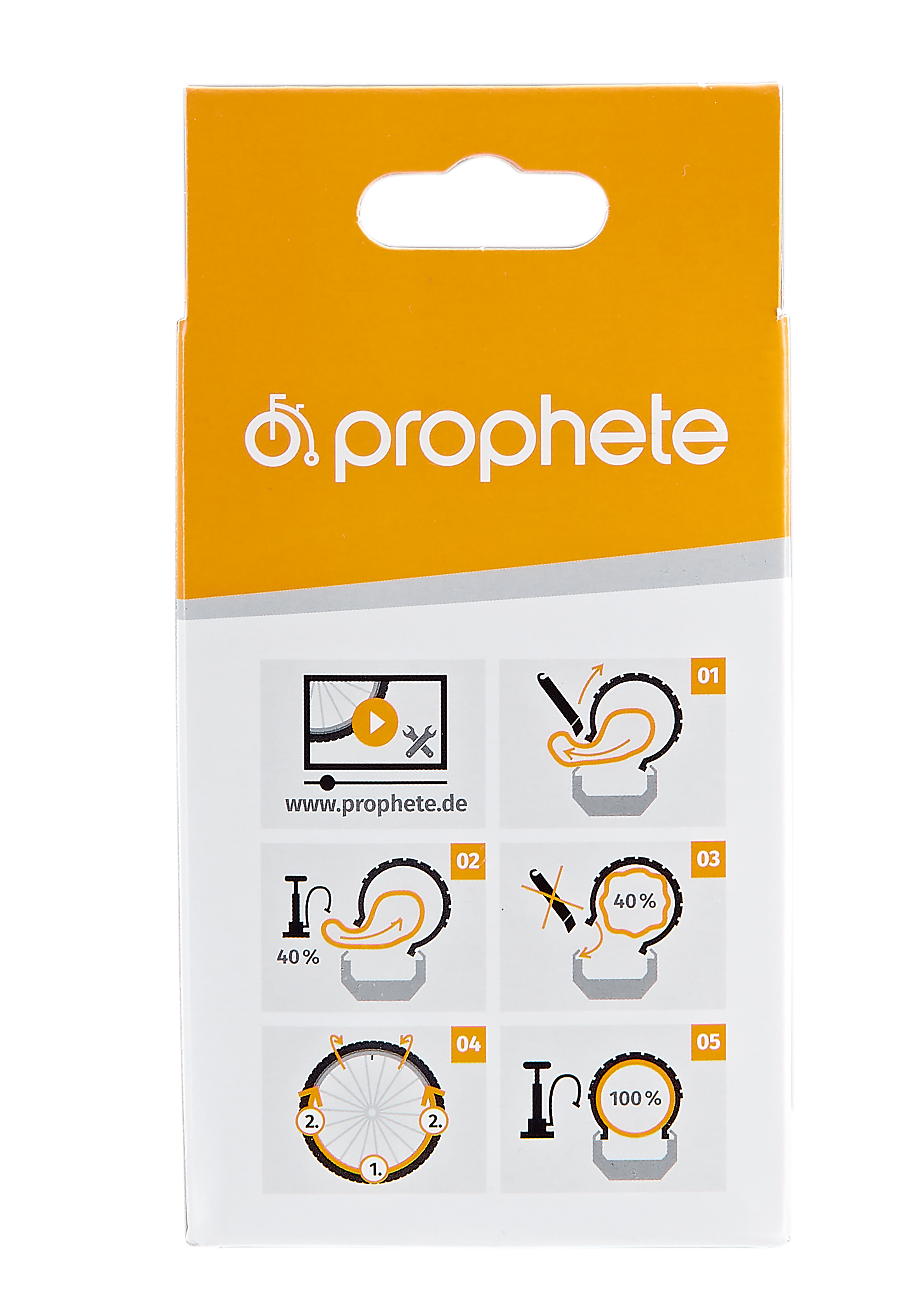 Anleitung für Prophete Fahrradreifen-Reparaturset auf weiß-oranger Verpackung mit fünf nummerierten Diagrammen.