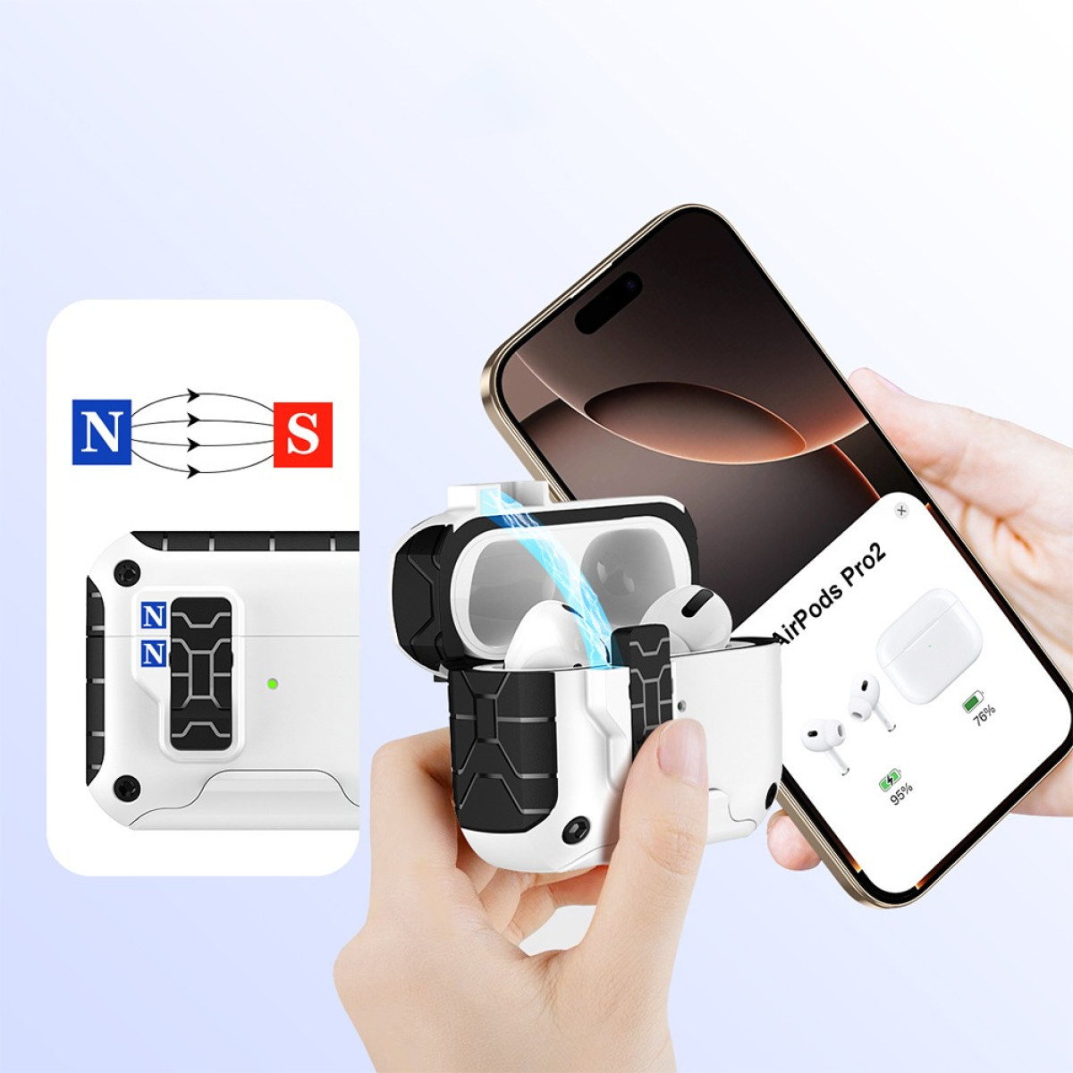 Una custodia AirPods Pro bianca e nera tenuta da una mano, collegata a uno smartphone che mostra 
