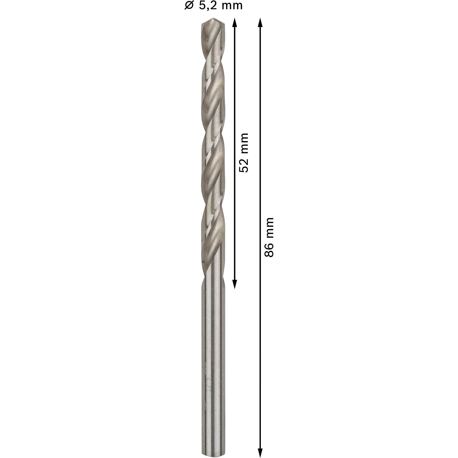 Nahaufnahme eines silbernen Bohrers mit 5,2 mm Durchmesser und 86 mm Länge, davon 52 mm genutet.