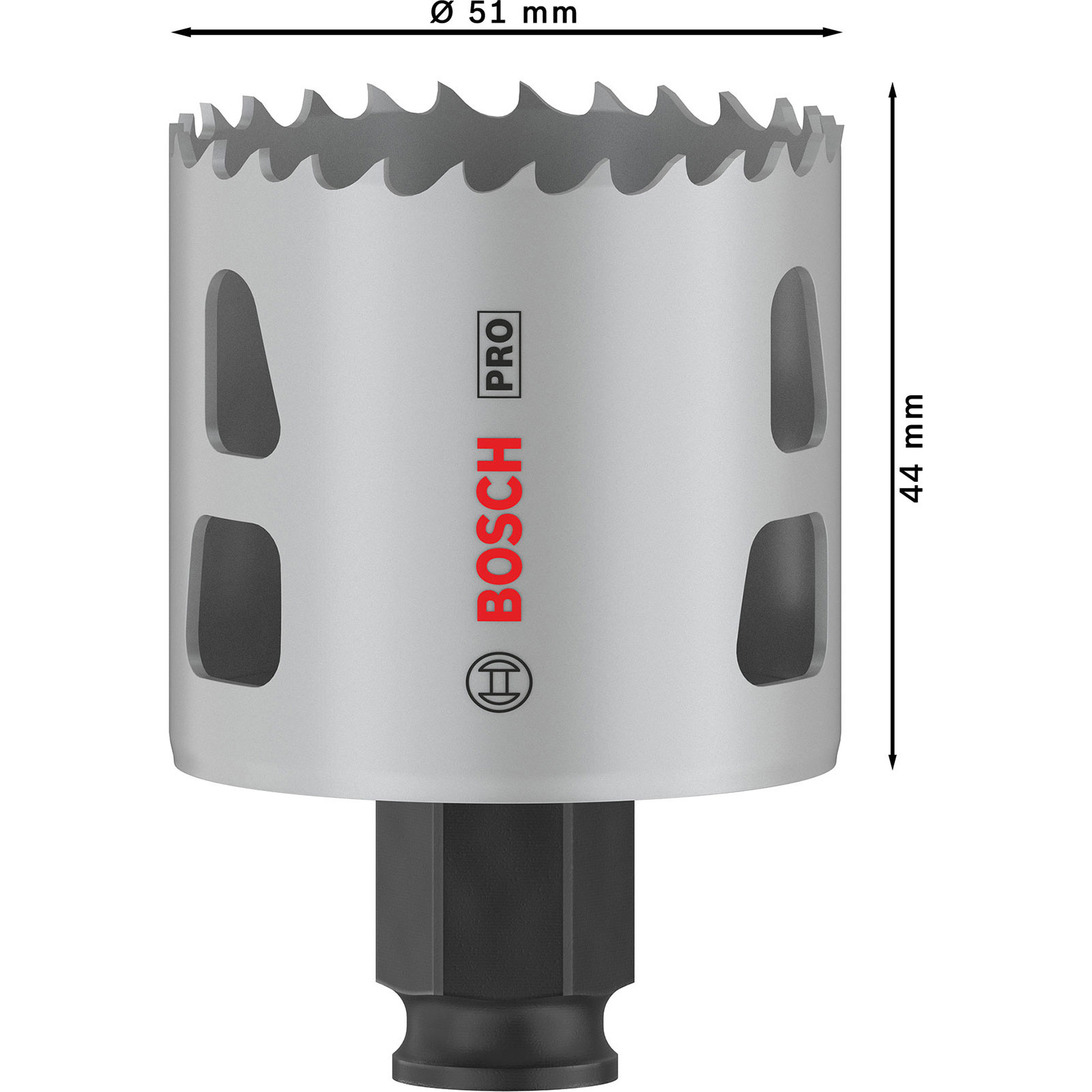 Eine graue Bosch Professional Lochsäge, 51 mm Durchmesser und 44 mm Höhe, mit schwarzem Sechskantschaft, auf weißem Hintergrund.