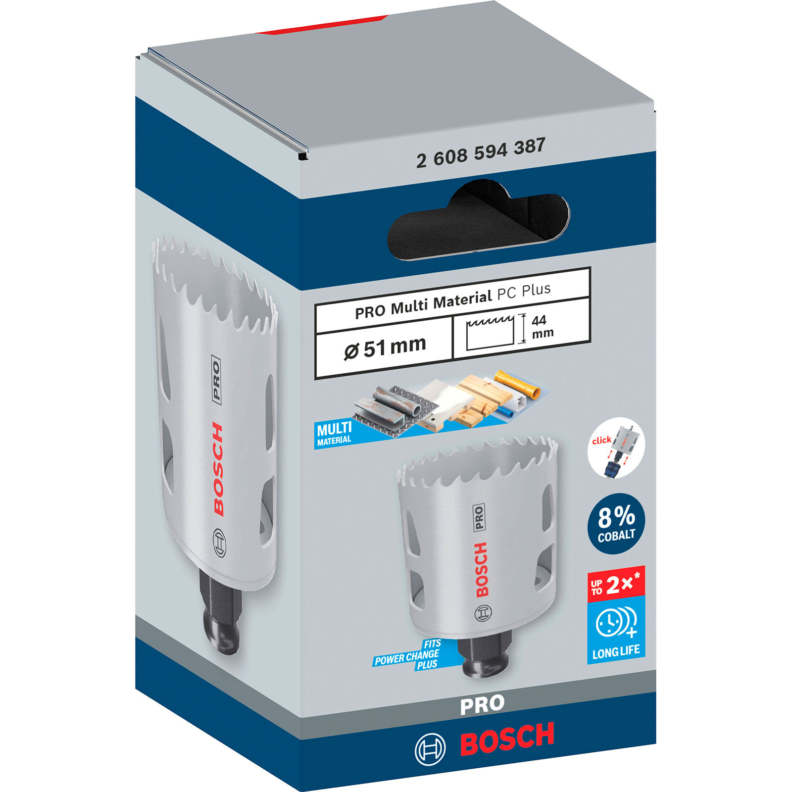 Eine weiße Bosch-Box mit einer Lochsäge für verschiedene Materialien, 51 mm Durchmesser, 44 mm Tiefe, 8 % Kobalt und langer Lebensdauer.