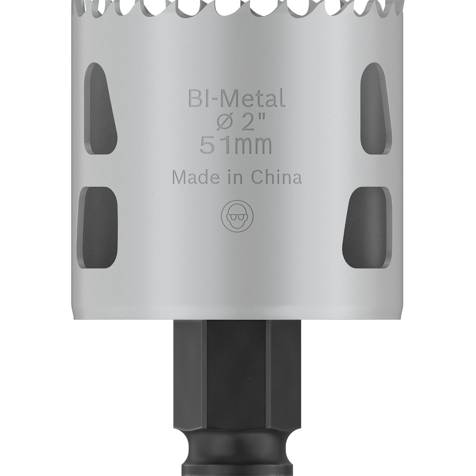 Eine silberne Bi-Metall-Lochsäge, 2 Zoll (51 mm) Durchmesser, mit schwarzem Sechskantschaft, vor weißem Hintergrund.