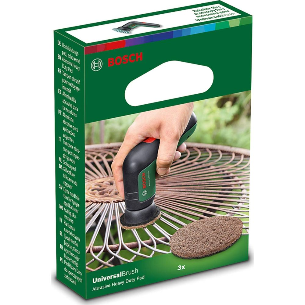 Eine grüne Bosch-Box zeigt eine Hand, die ein schwarz-rotes Elektrowerkzeug mit einem Schleifpad auf einem rostigen Metallgitter verwendet.
