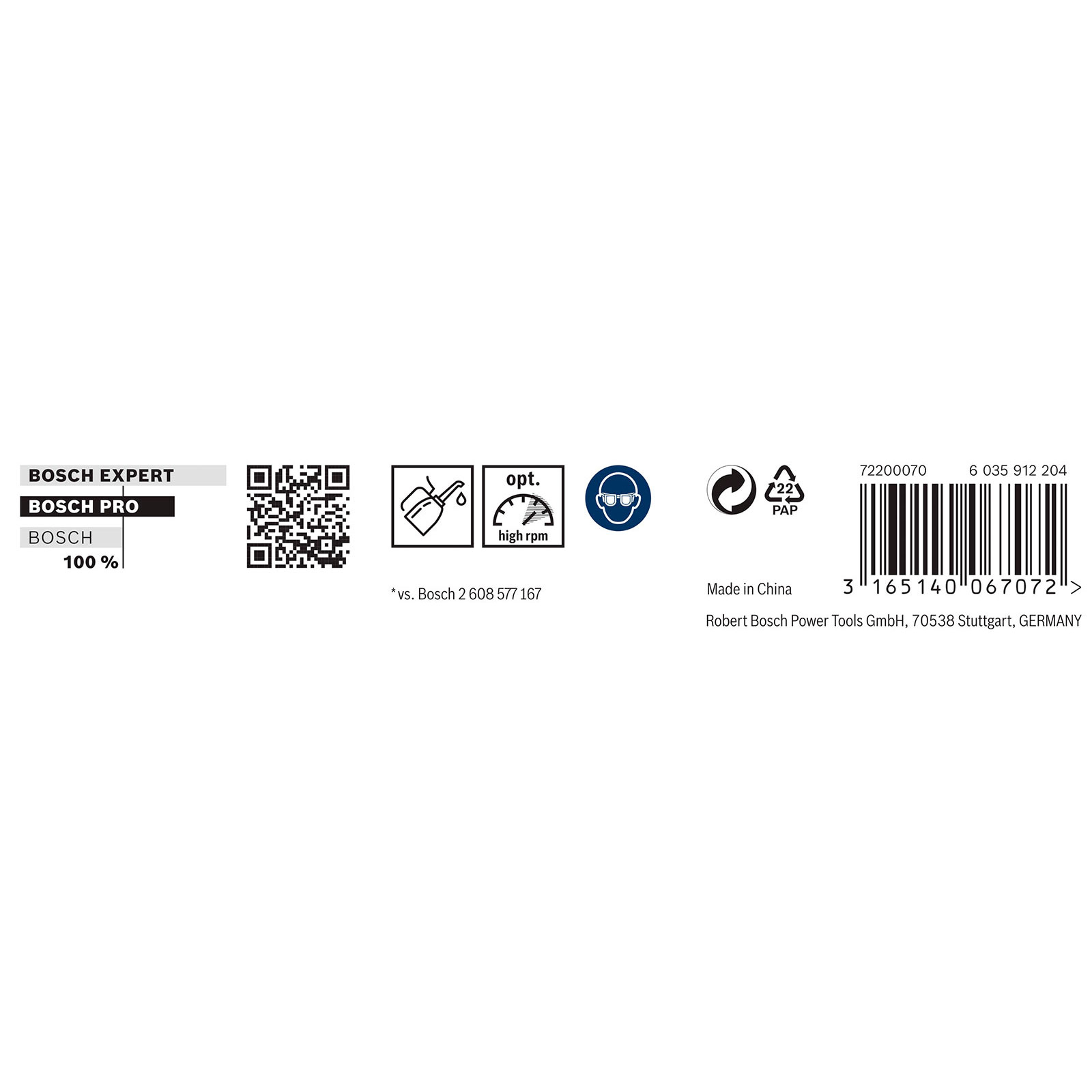 Produktetikett mit Bosch-Branding, QR-Code, Symbolen für Öl, hohe Drehzahl, Schutzbrille, Recycling und Barcode.