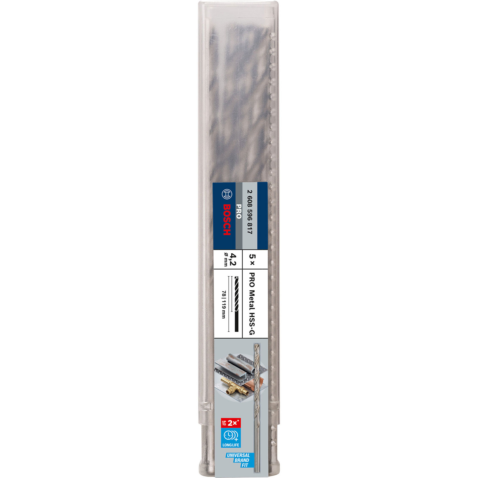 Eine durchsichtige Plastikhülle mit fünf Bosch PRO Metall HSS-G Bohrern, 4,2 mm Durchmesser, 78/119 mm Länge, mit Branding.