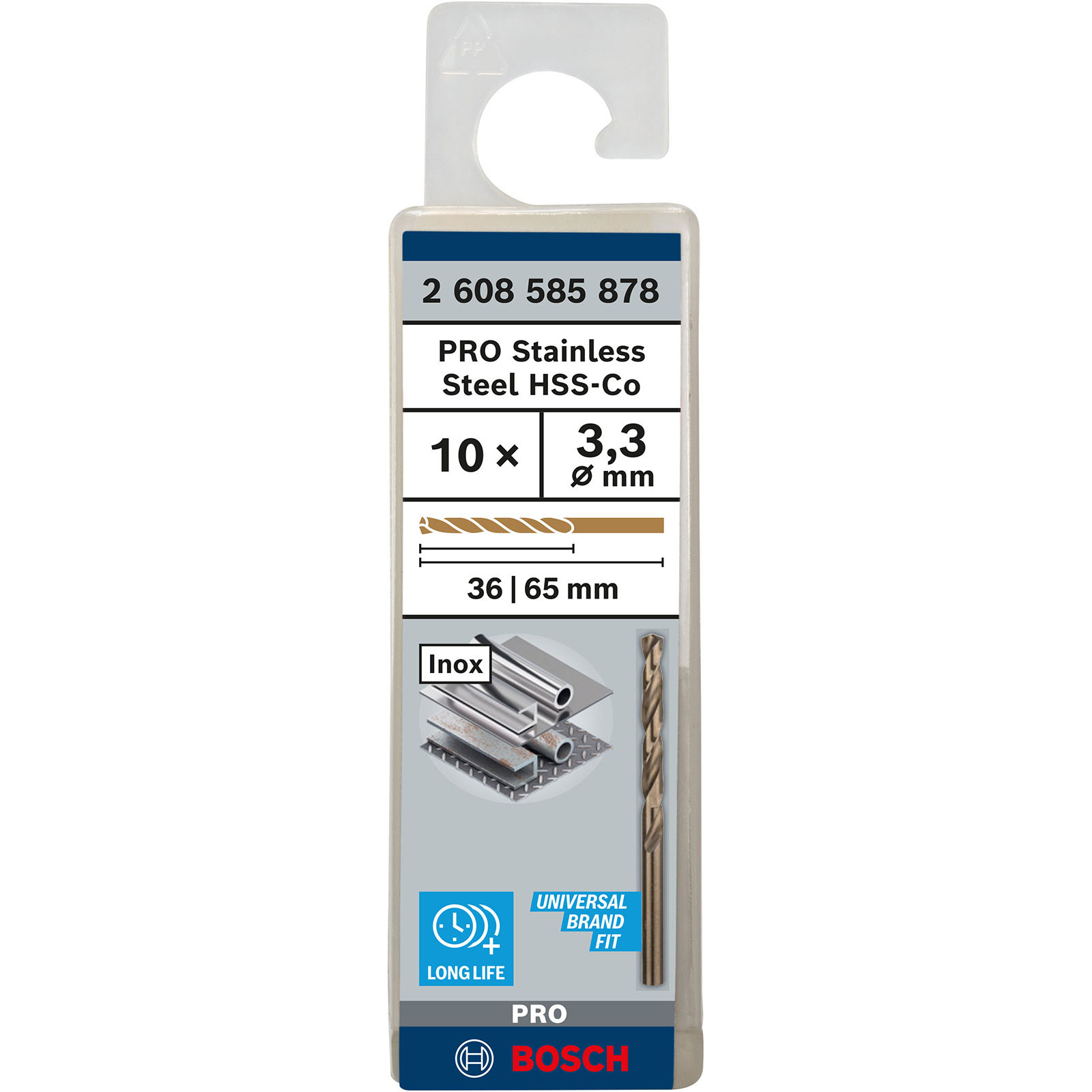 Eine Bosch Bohrerverpackung in Weiß und Grau, mit einem braunen Bohrer, Spezifikationen und „PRO Stainless Steel HSS-Co“.