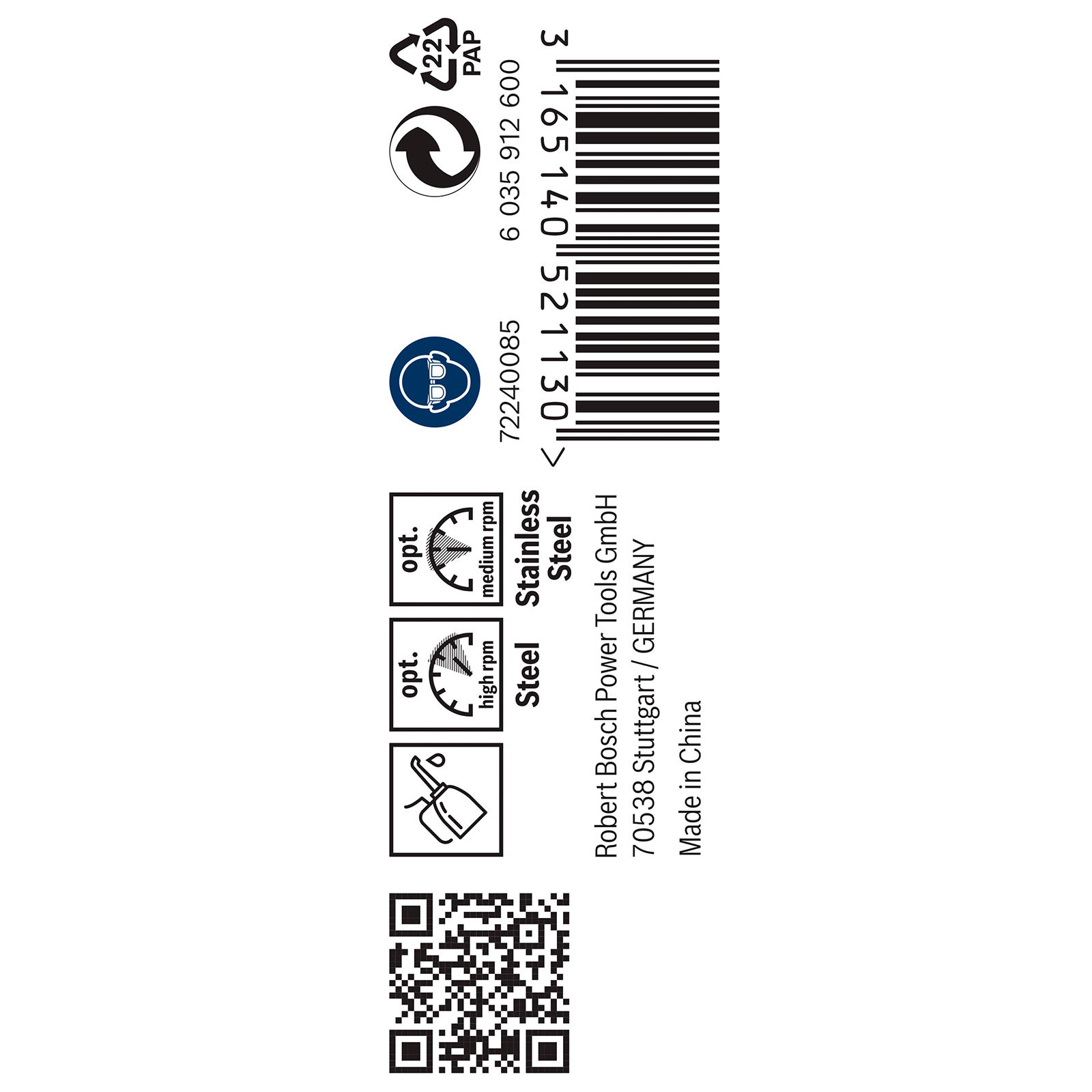 Ein Etikett mit Barcode, QR-Code, Recyclingsymbolen und Text zu Material, Drehzahl und Herstellerangaben.