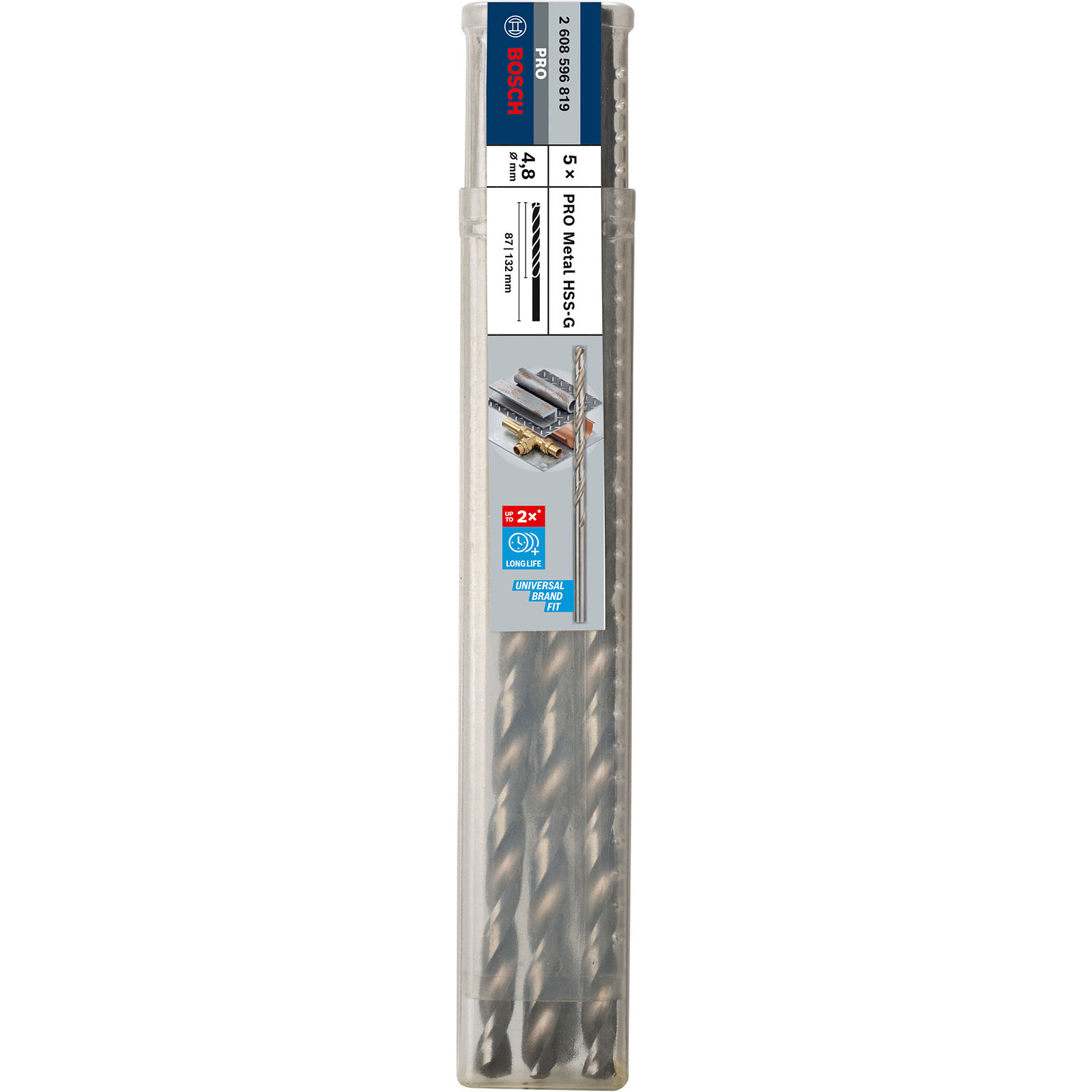 Ein durchsichtiges Kunststoffgehäuse mit fünf Bohreraufsätzen. Das Etikett zeigt „Bosch PRO Metal HSS-G“ 4,8 mm, 87/132 mm an.