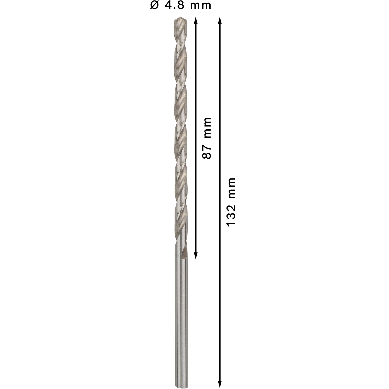 Ein silberner Bohrer mit einem Durchmesser von 4,8 mm, einer Arbeitslänge von 87 mm und einer Gesamtlänge von 132 mm ist abgebildet.