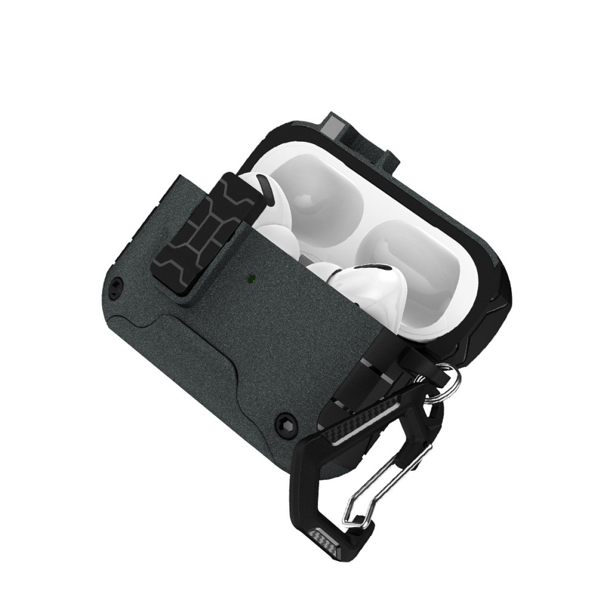 Una custodia AirPods nera testurizzata con moschettone argentato è aperta, rivelando AirPods bianchi all'interno, su sfondo bianco.