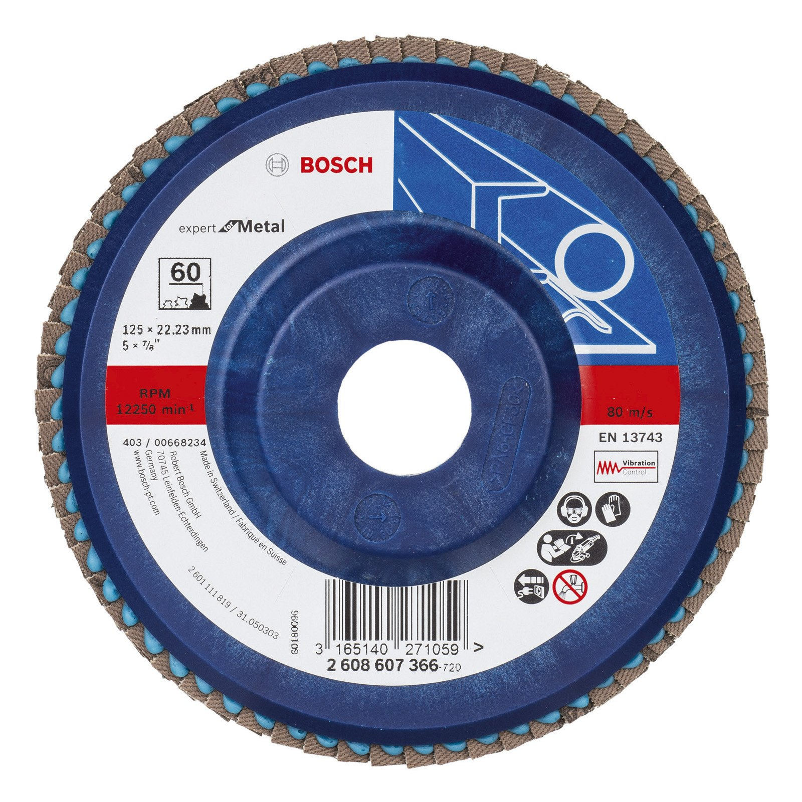Eine blaue und graue Bosch expert Metal Schleifscheibe mit Produktdetails und Sicherheitssymbolen auf weißem Hintergrund.
