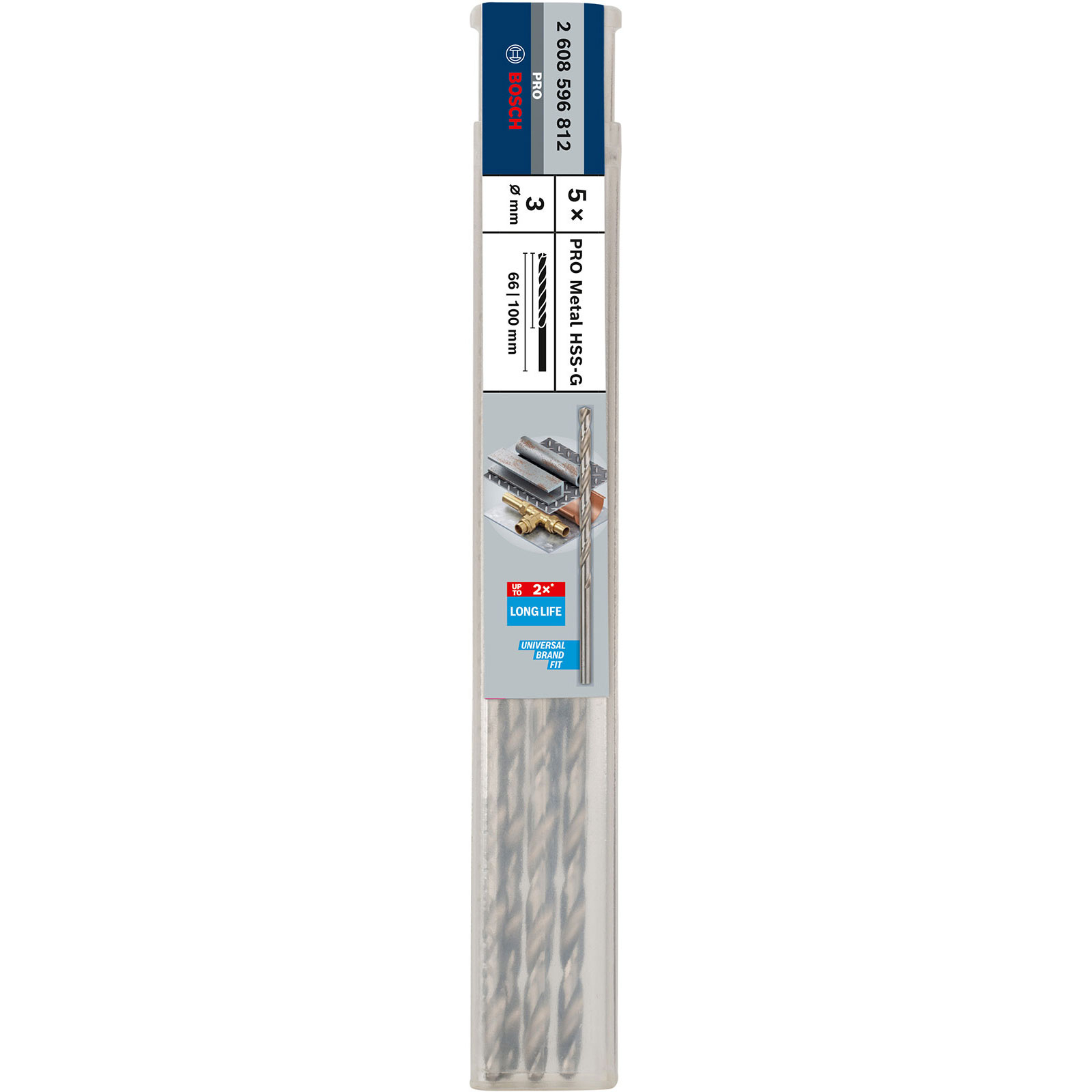 Eine durchsichtige Plastikverpackung mit fünf Bosch PRO Metal HSS-G Bohrern, 3 mm Durchmesser, 66/100 mm Länge.