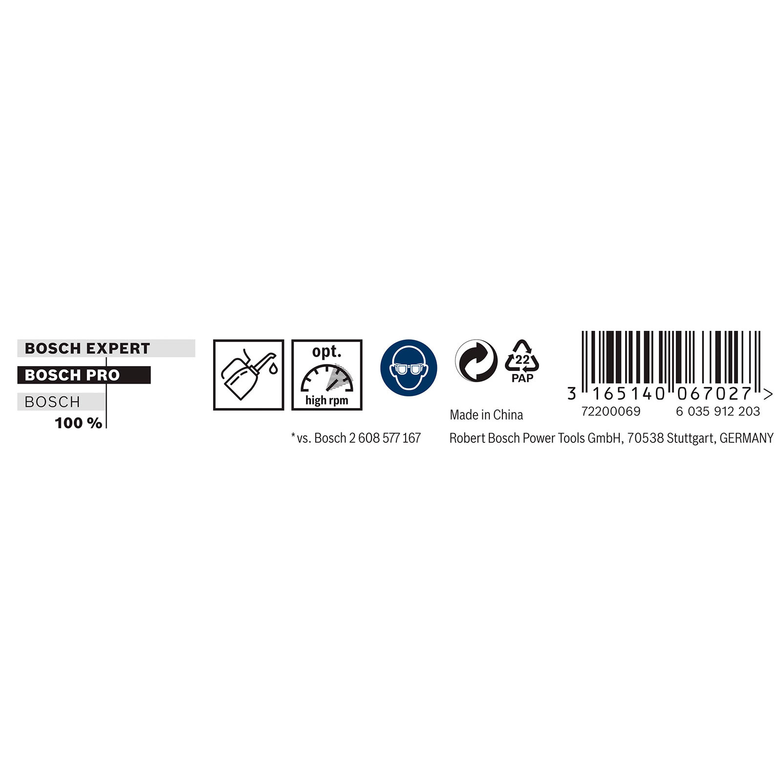 Produktetikett mit Bosch-Branding, Leistungs-Symbolen (Ölkanne, hohe Drehzahl), Schutzbrille, Recyclingsymbolen und einem Barcode.