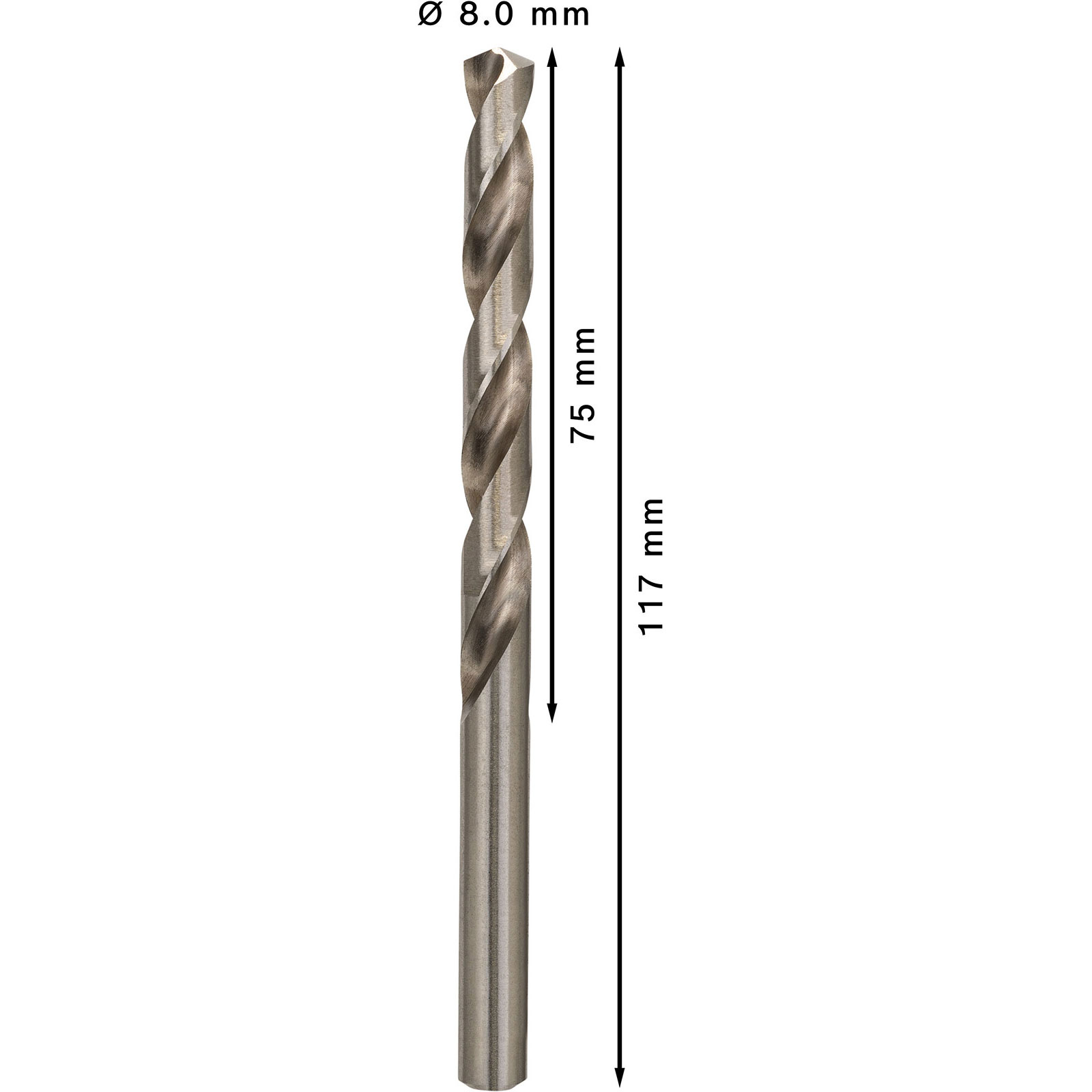 Nahaufnahme eines silbernen Bohrers mit Maßangaben. Der Bohrer hat einen Durchmesser von 8,0 mm und eine Länge von 117 mm.