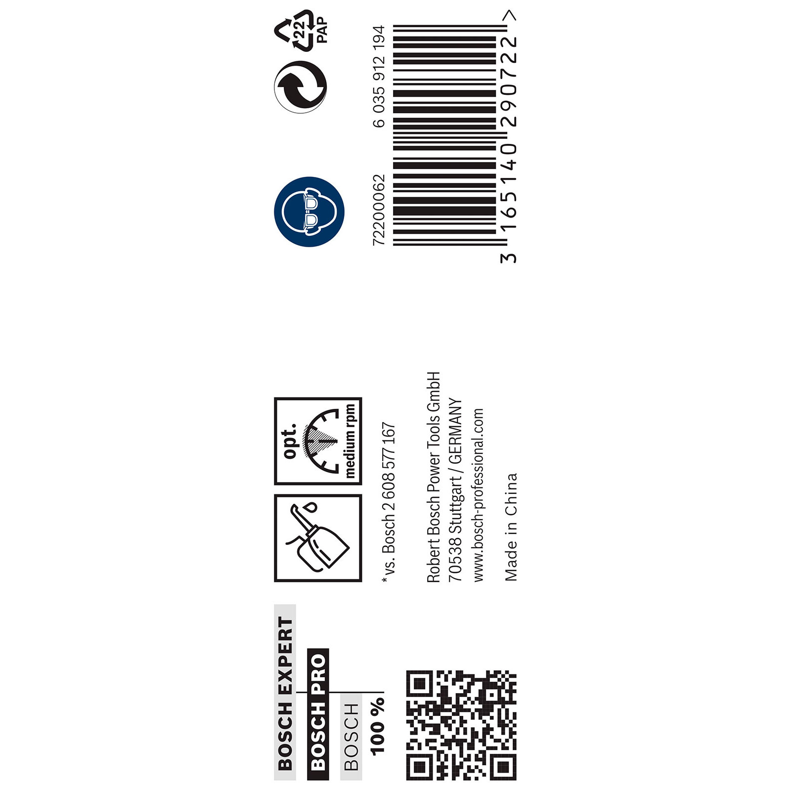 Weißes Etikett mit Produktinformationen: Bosch Expert, Bosch Pro, 100%, Symbole für Recycling, Schutzbrille, Ölen und mittlere Drehzahl.