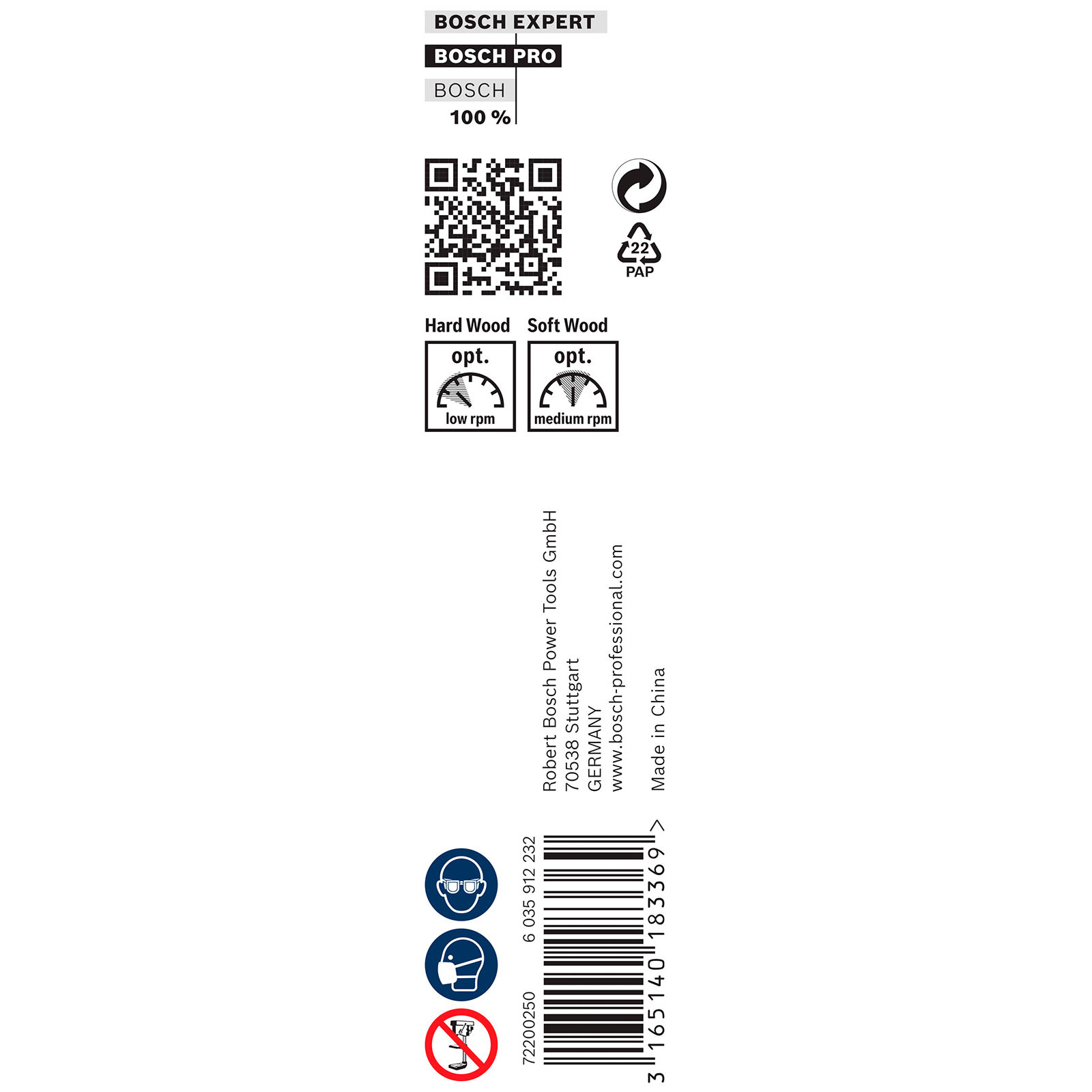 Weißer Hintergrund mit Bosch Produktinformationen, QR-Code, Recyclingsymbolen und empfohlenen U/min-Einstellungen.