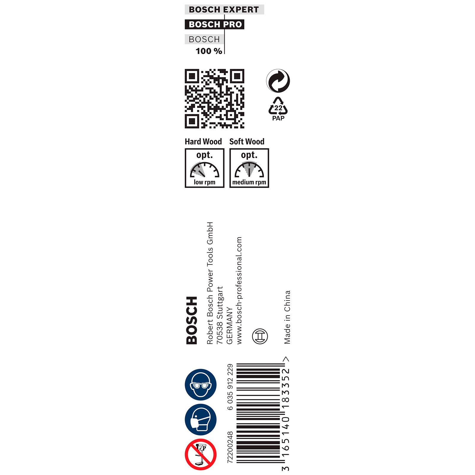 Ein Produktetikett mit Bosch-Branding, QR-Code, Recyclingsymbolen, Gebrauchsanweisungen für Holzarten und Herstellerdetails.