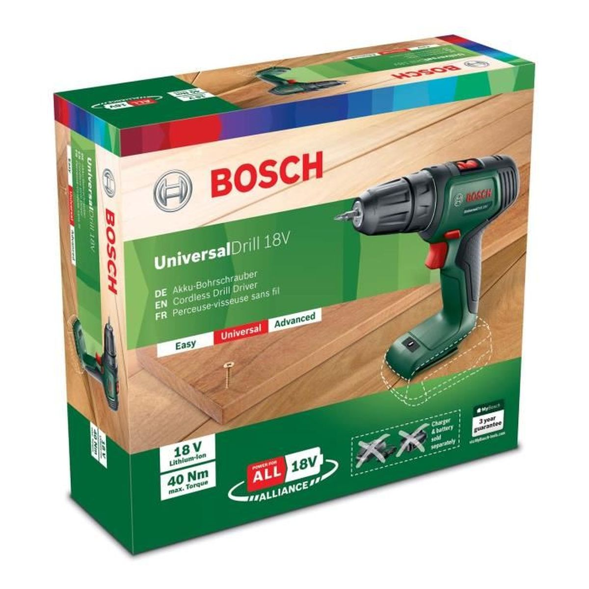 Ein Bosch UniversalDrill 18V Akku-Bohrschrauber in Grün und Schwarz, in seiner Verpackung präsentiert.