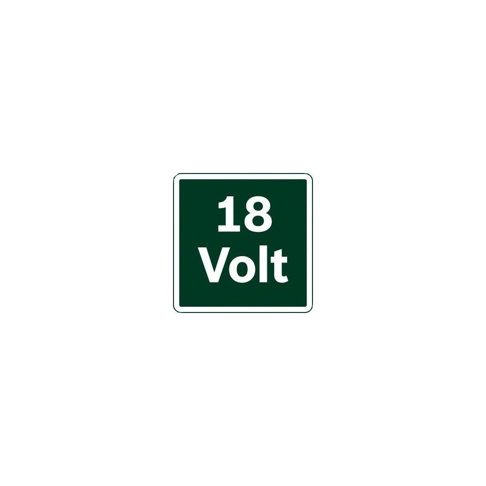 Ein dunkelgrünes Quadrat mit weißem Rand enthält den weißen Text „18 Volt“, der eine Leistungsspezifikation angibt.