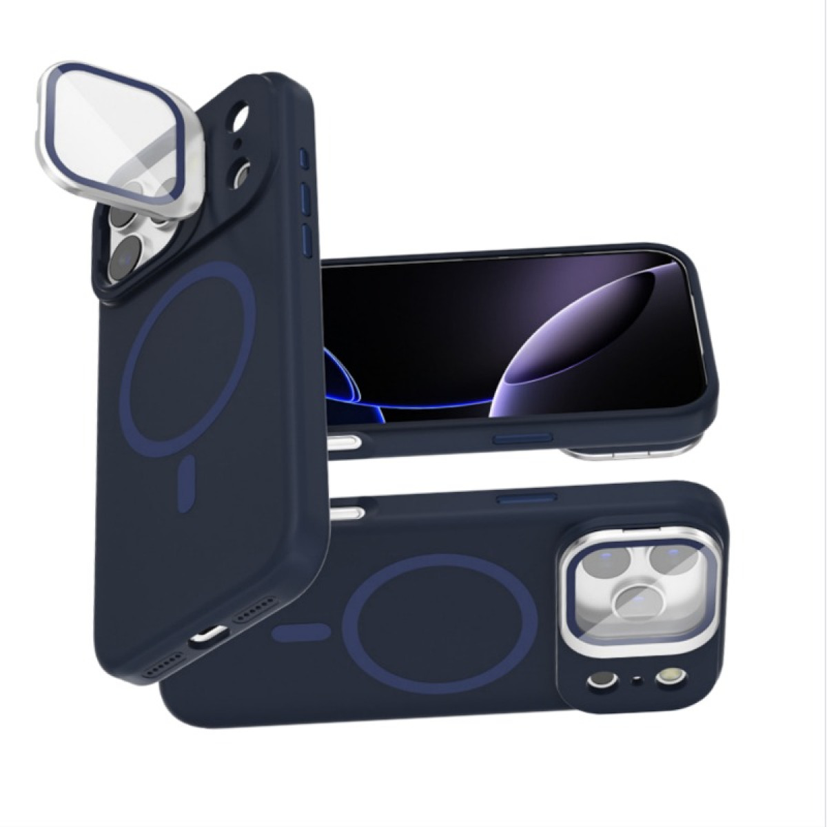 Due custodie per telefono blu scuro con anelli magnetici e protezioni per la fotocamera sono mostrate, una verticale, una orizzontale.