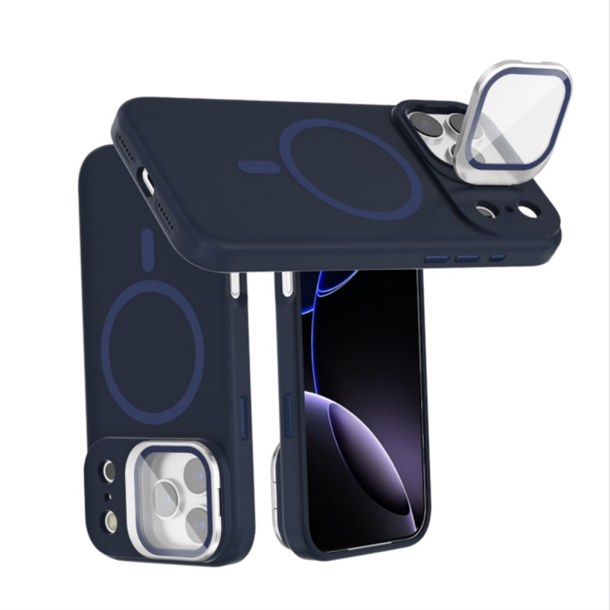 Custodia blu scuro per telefono con anello magnetico e protettore.