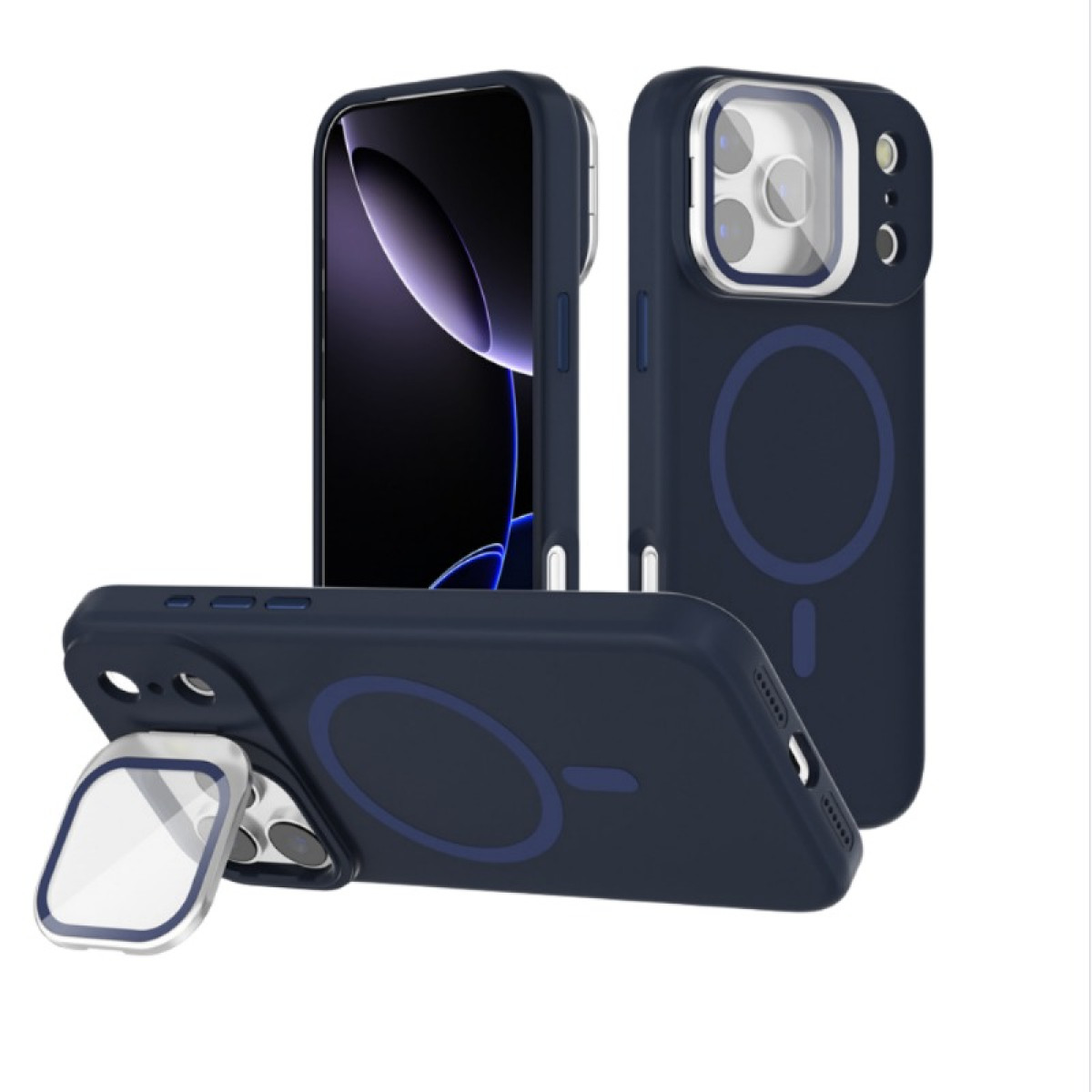 Tre custodie per smartphone blu scuro sono esposte su sfondo bianco. Una è verticale, una inclinata e una piatta.