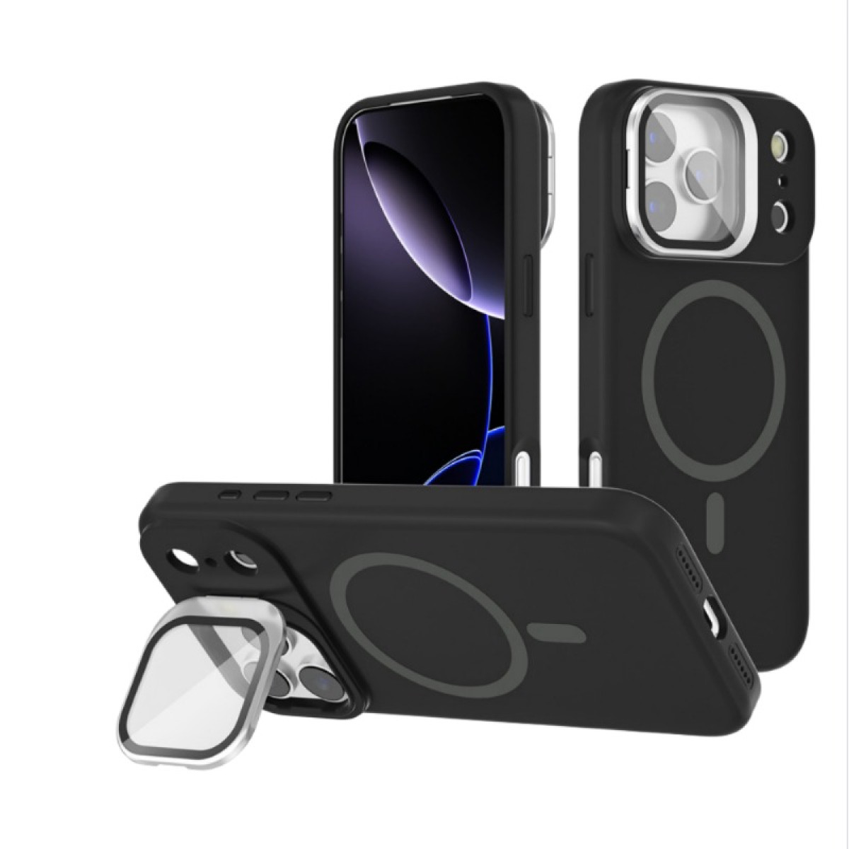 Custodia nera per telefono con anello magnetico e cavalletto, su sfondo bianco.