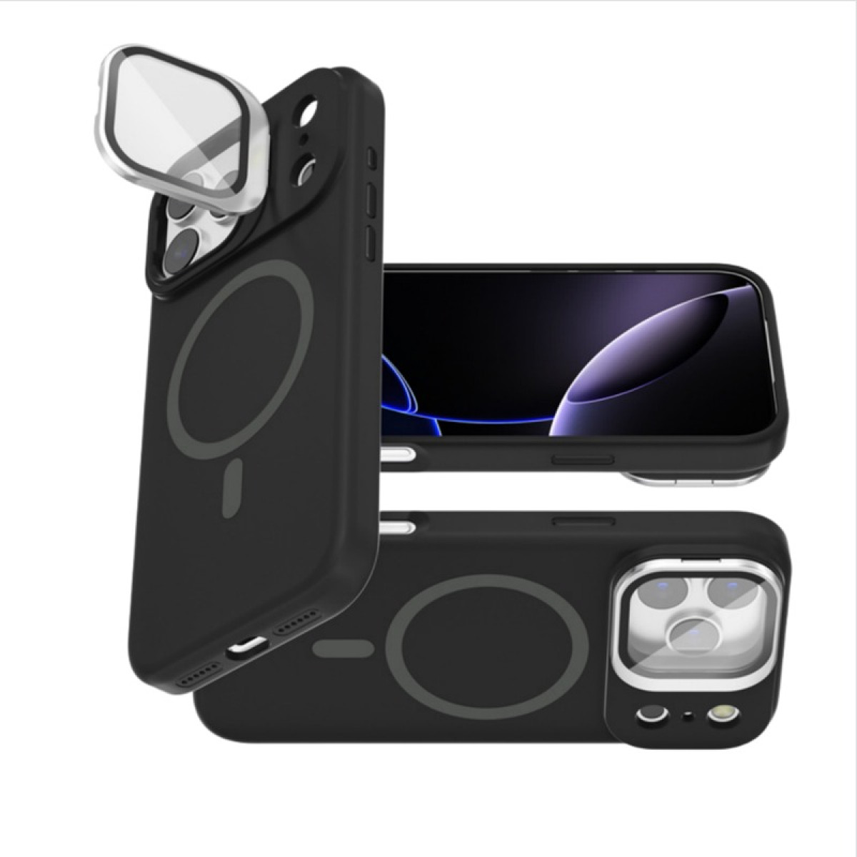 Custodia nera per telefono con anello magnetico e protezione.