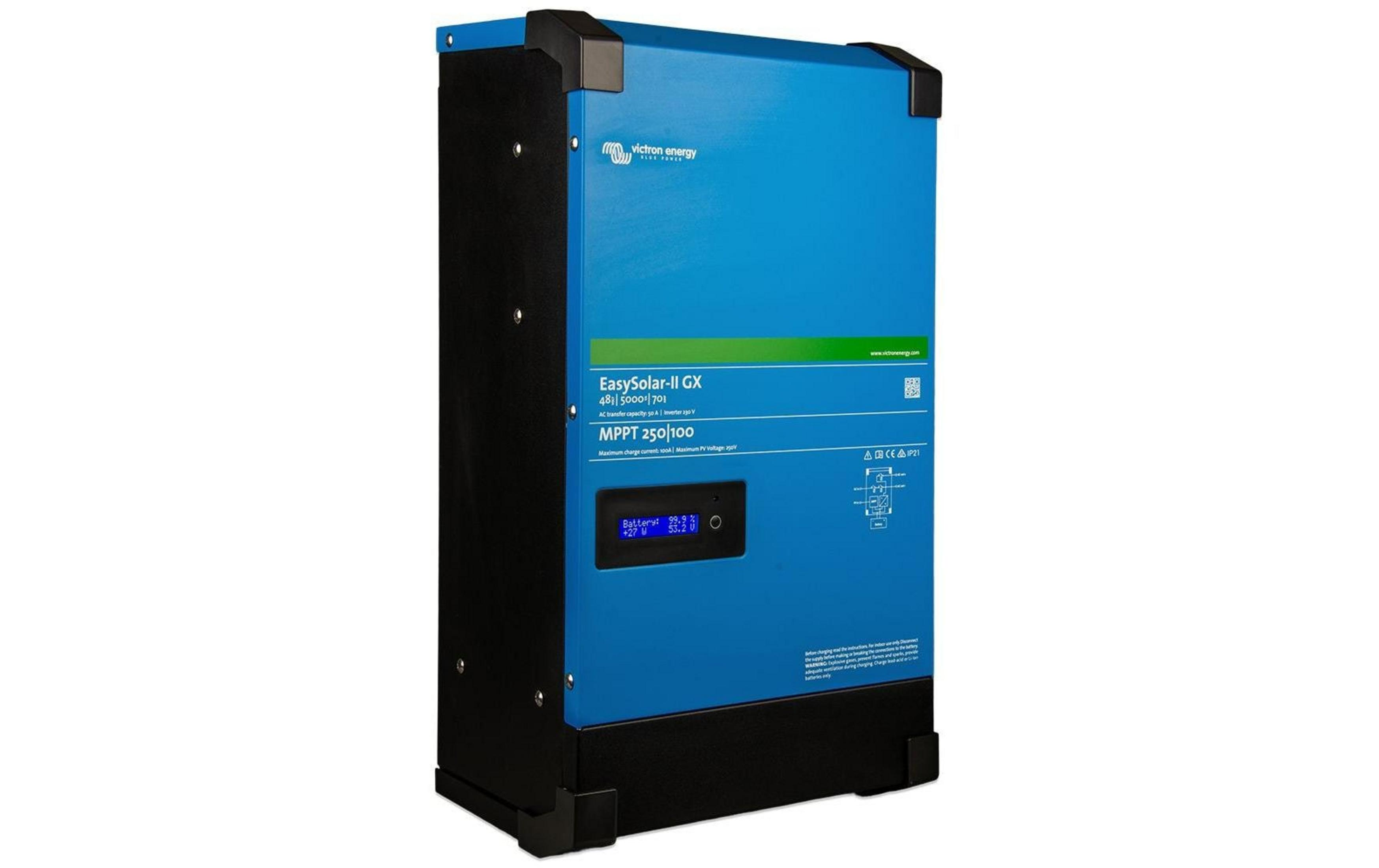Ein blaues Victron Energy Solar-II GX Gerät mit einem digitalen Display, das Batteriedaten anzeigt.