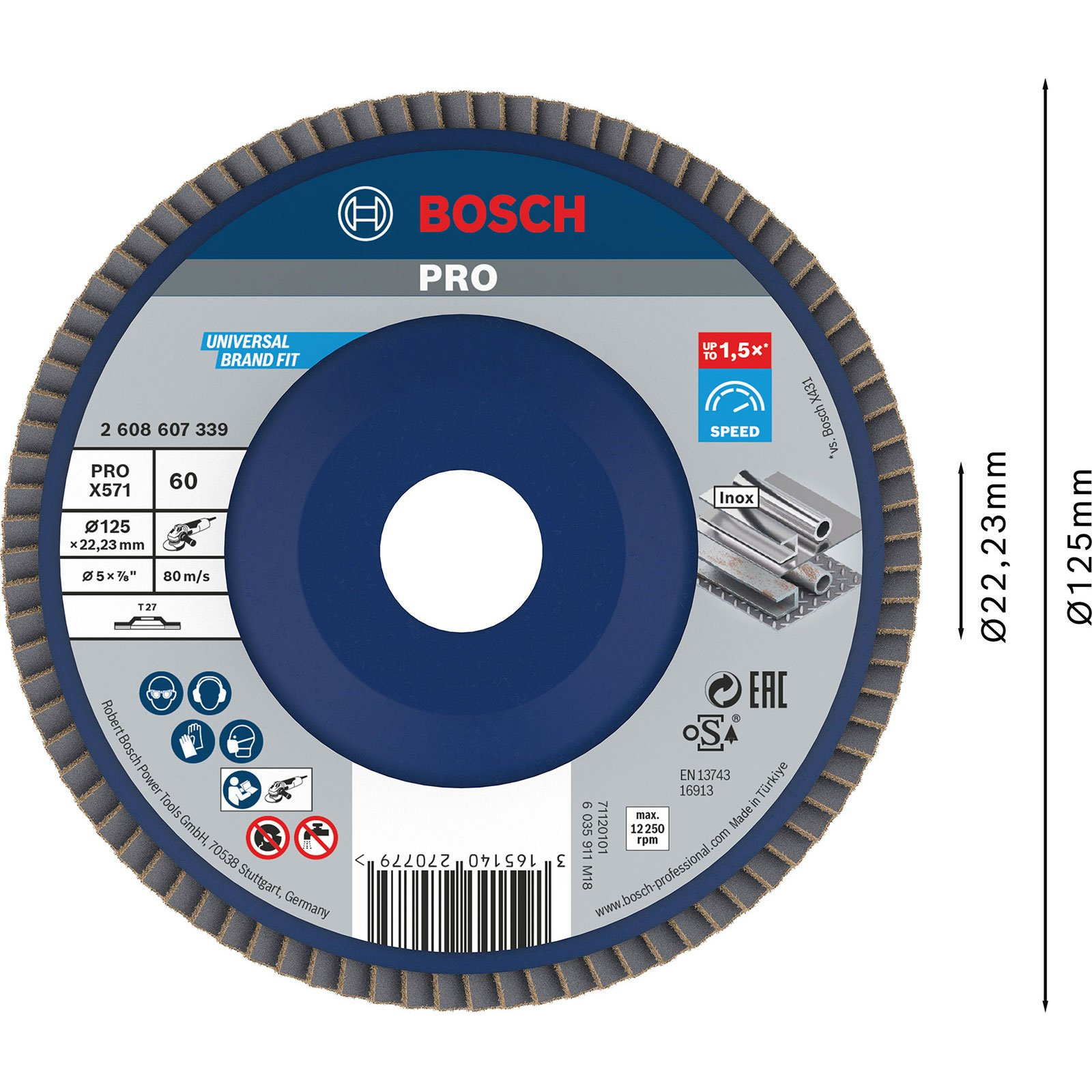 Eine Bosch PRO X571 Schleifscheibe, 125 mm Durchmesser, mit blauem Zentrum und grauen Schleiflamellen, auf weißem Hintergrund.