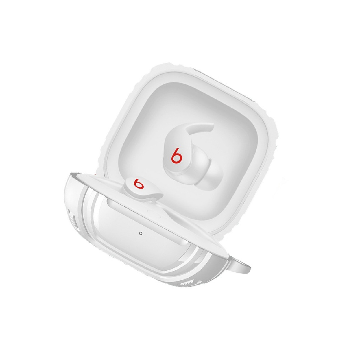 Weiße kabellose Kopfhörer mit rotem Beats-Logo in offenem Ladecase.