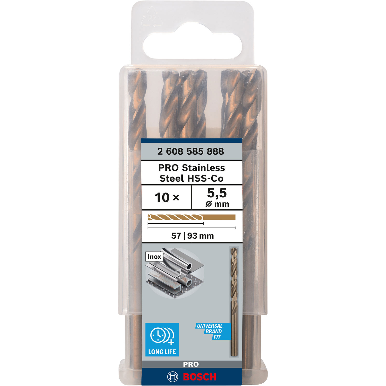 Eine Packung mit zehn Bosch Pro Edelstahl HSS-Co Bohrer, 5,5 mm Durchmesser, 57/93 mm Länge, zum Metallbohren.
