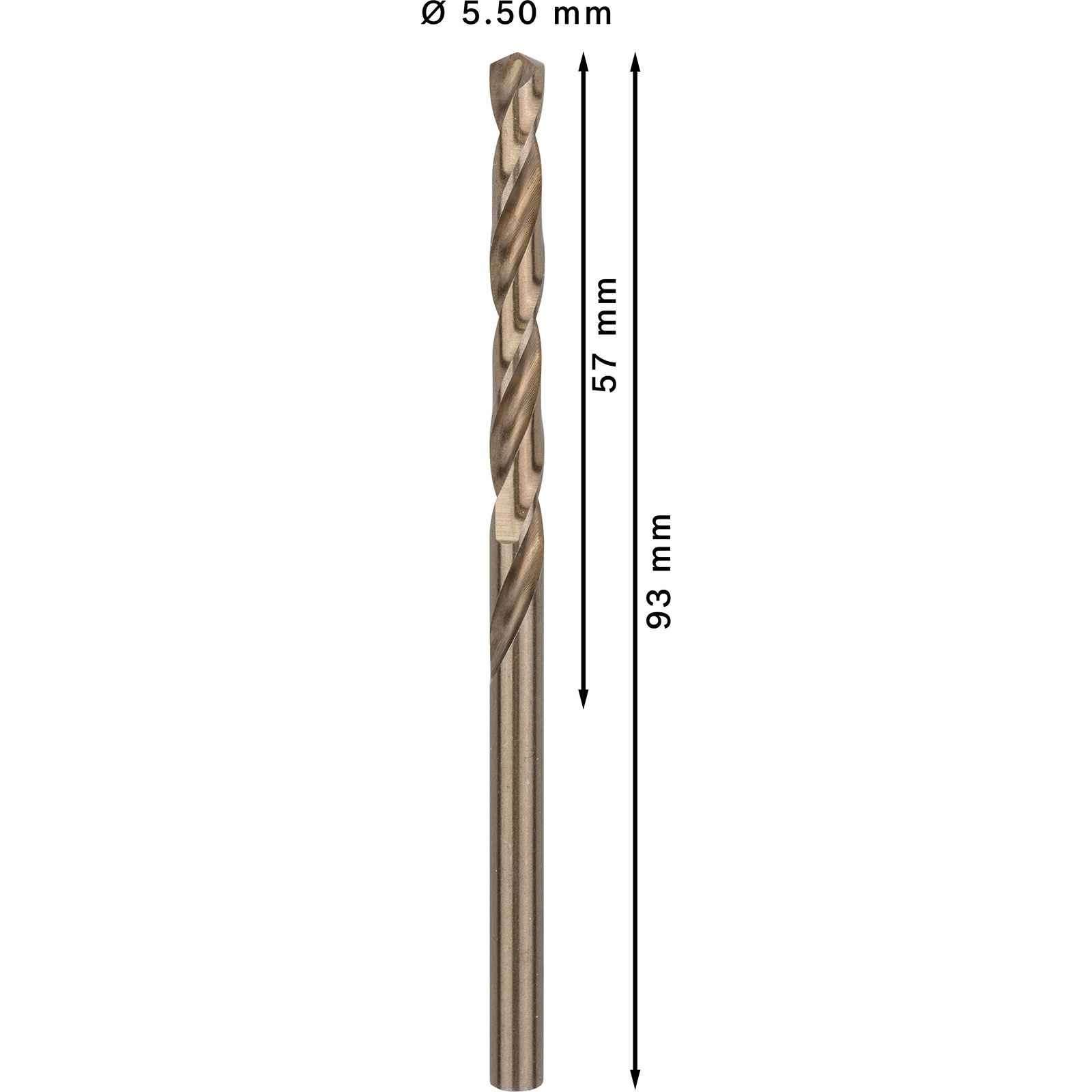Ein brauner Bohrer, 5,50 mm Durchmesser, 93 mm lang mit 57 mm genutetem Bereich, steht vertikal auf weißem Hintergrund.
