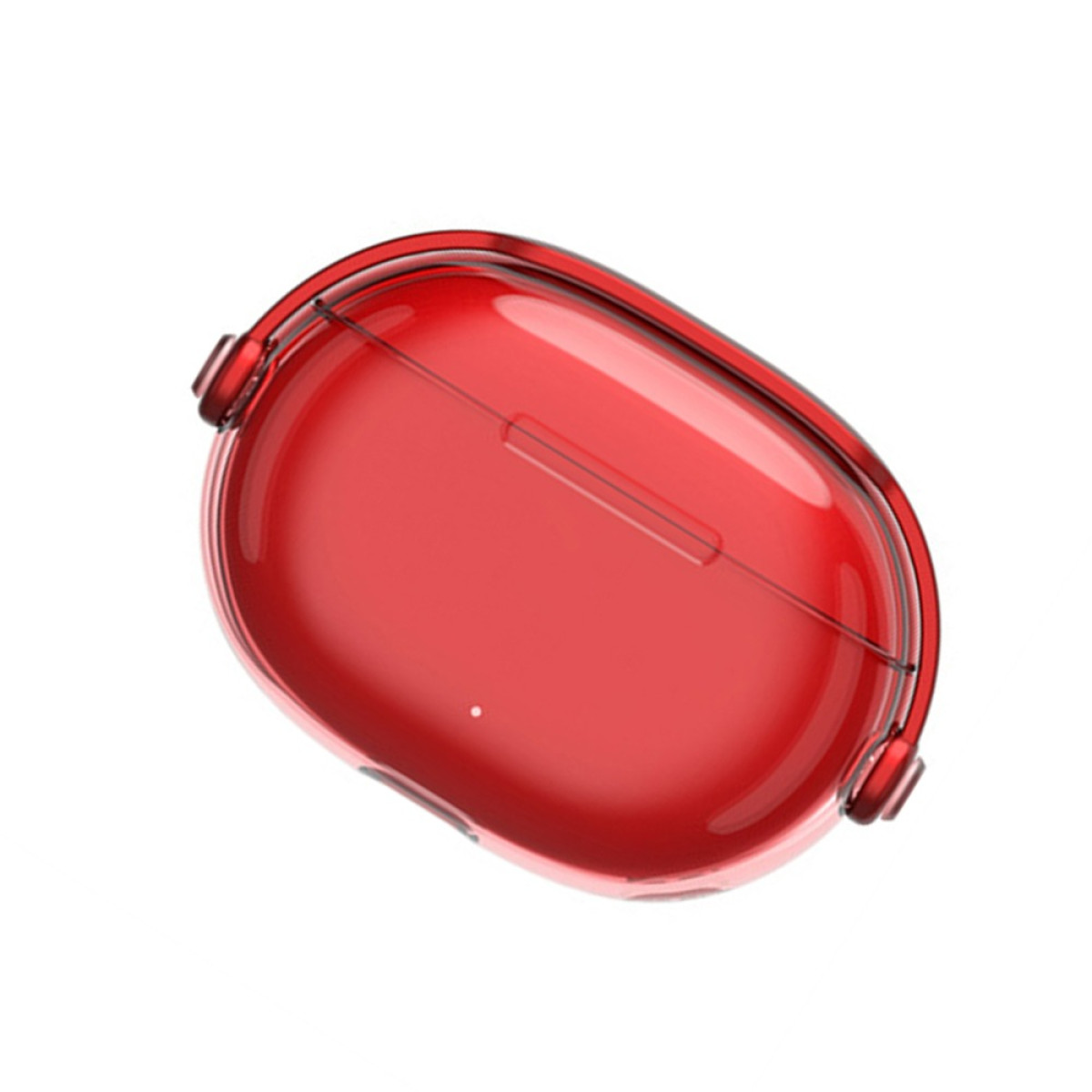Eine rote, transparente Hülle für Kopfhörer liegt auf weißem Hintergrund.