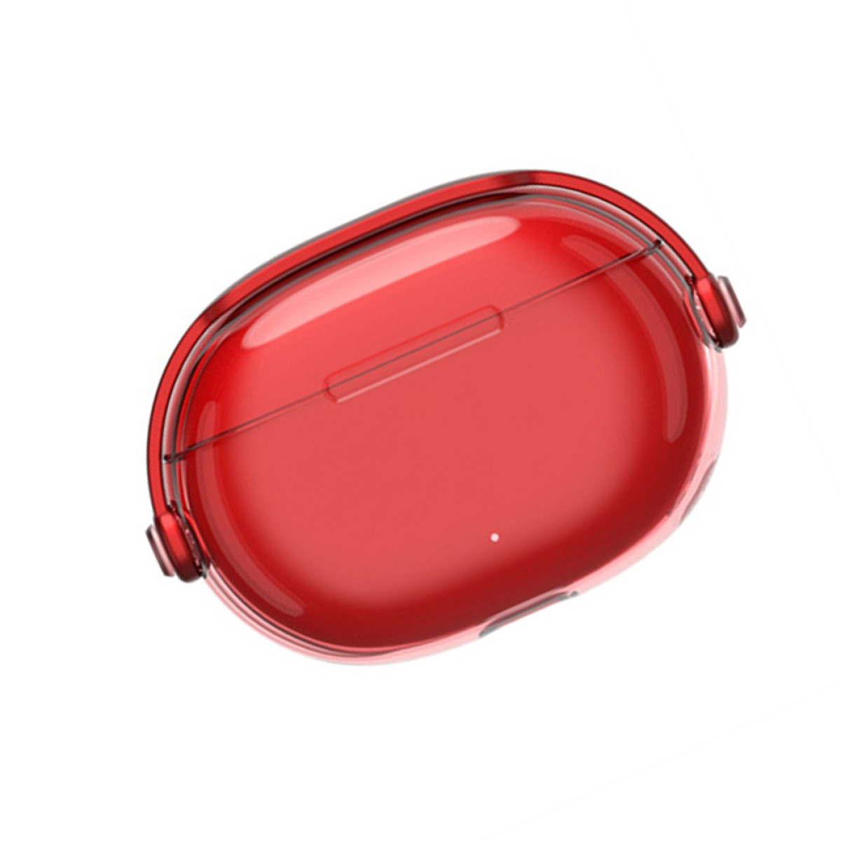 Rotes, durchsichtiges Etui für Kopfhörer auf weißem Hintergrund.
