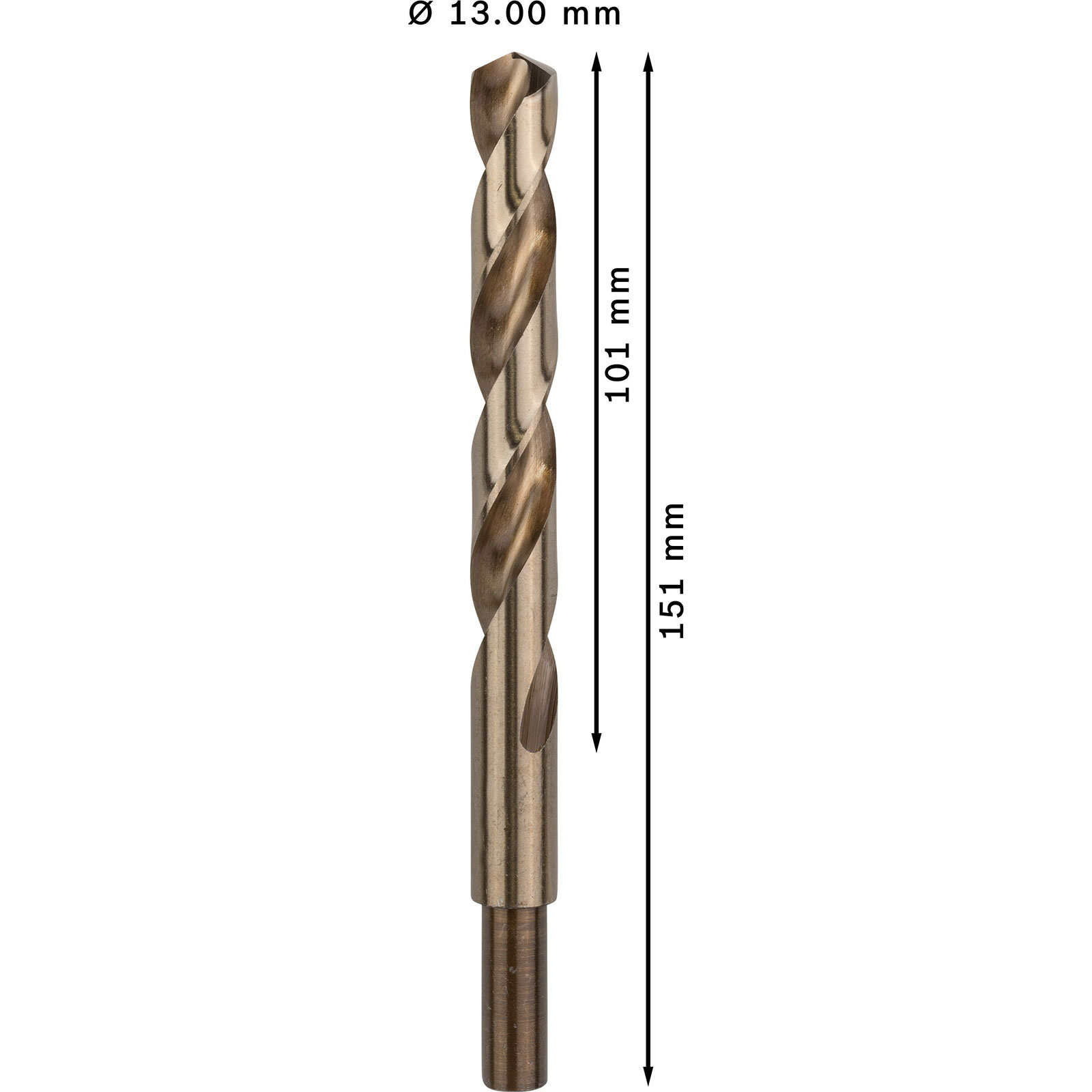 Ein metallischer Bohrer mit Spiralrillen, 13 mm Durchmesser.
