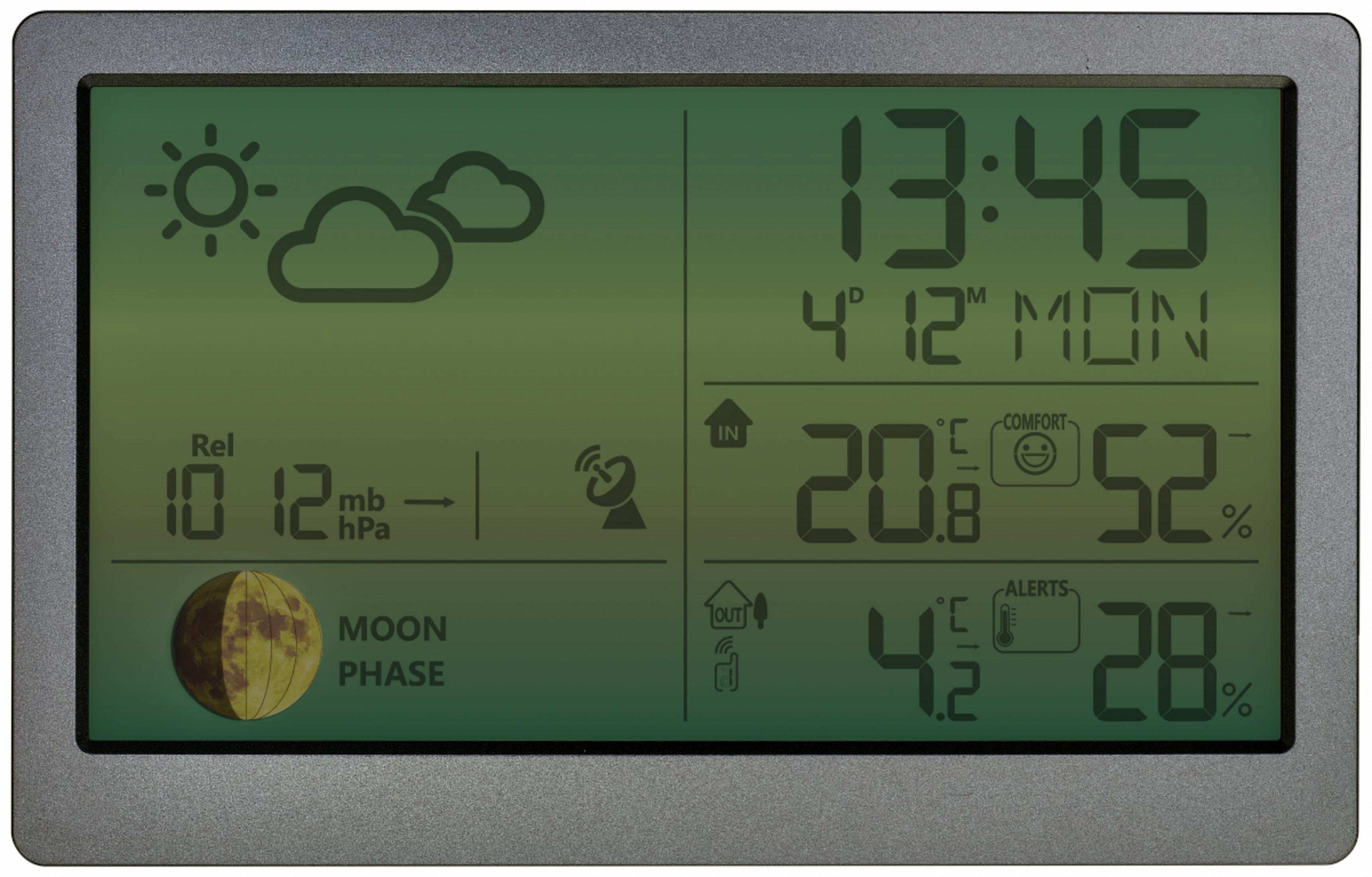 Eine digitale Wetterstation zeigt Uhrzeit, Innen-/Außentemperatur, Luftfeuchtigkeit, Mondphase und Wettervorhersage an.