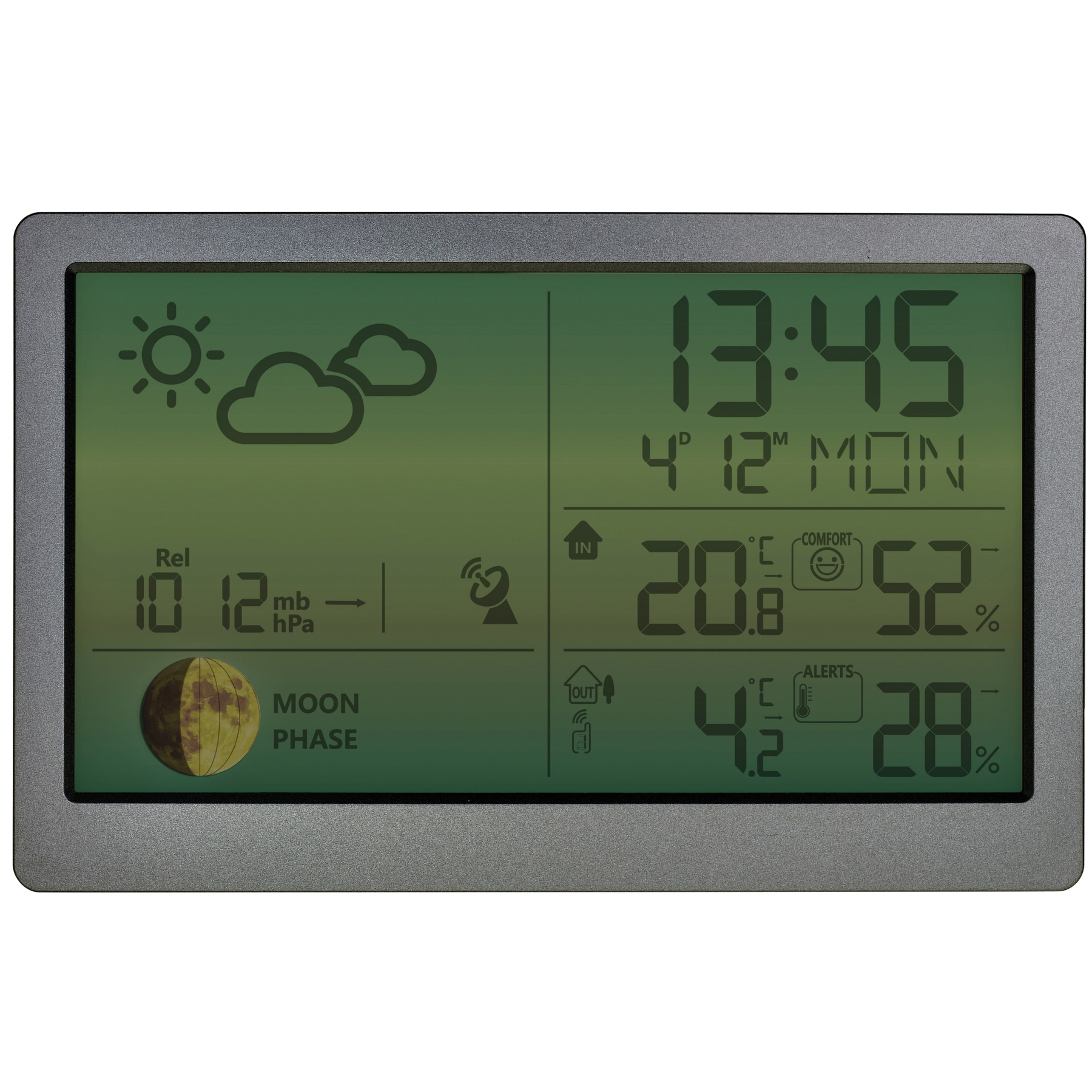 Eine digitale Wetterstation zeigt die Uhrzeit 13:45, Datum, Mondphase, Innen-/Außentemperatur, Luftfeuchtigkeit und Luftdruck an.