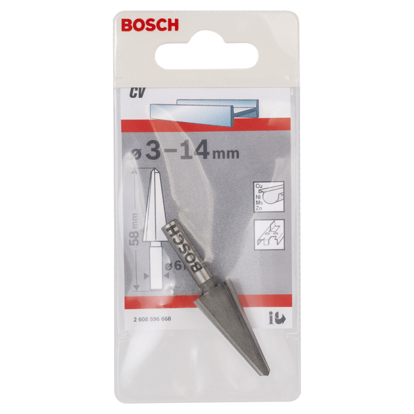Ein konischer Bosch Senkbohrer, 3-14mm, in transparenter Verpackung mit einem rot-weißen Etikett, vor weißem Hintergrund.