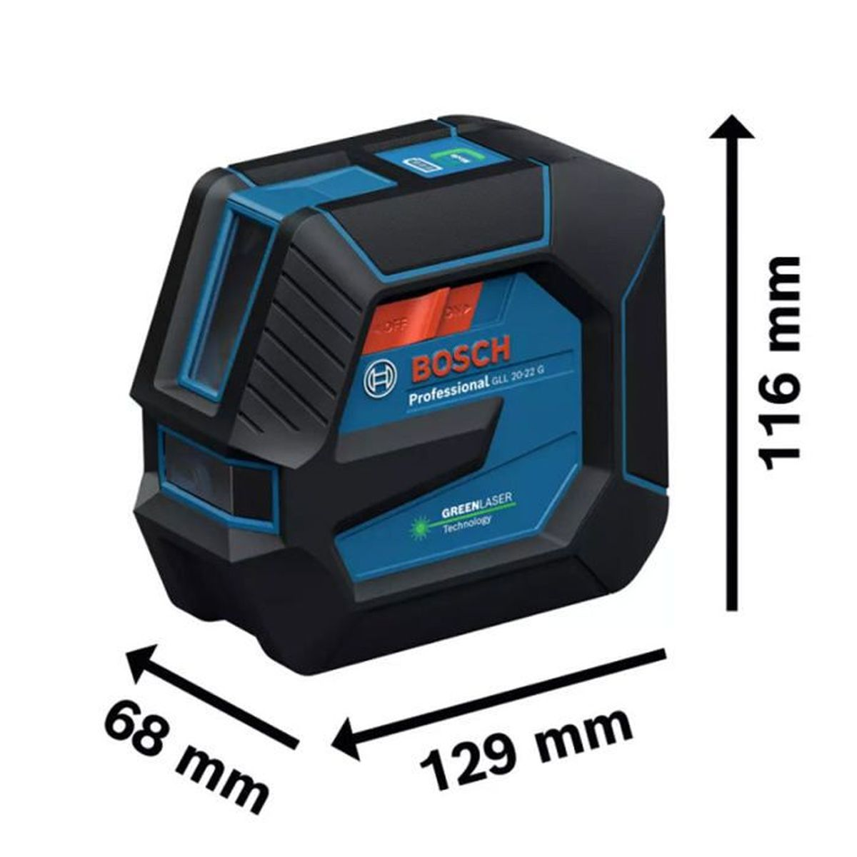 Ein schwarz-blauer Bosch Grünlaser, Modell GLL 20-22 G, mit Maßen 129mm x 116mm x 68mm auf weißem Hintergrund.