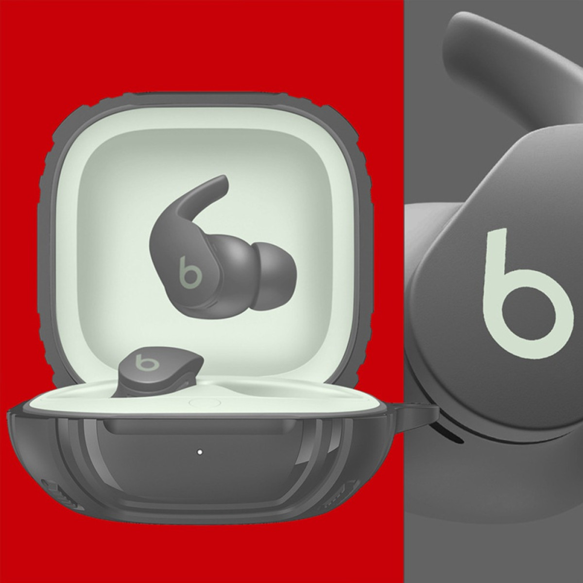 Ein graues Beats Fit Pro Case mit zwei Ohrhörern, einer sichtbar, mit hellgrünem Inneren auf rotem und grauem Hintergrund.