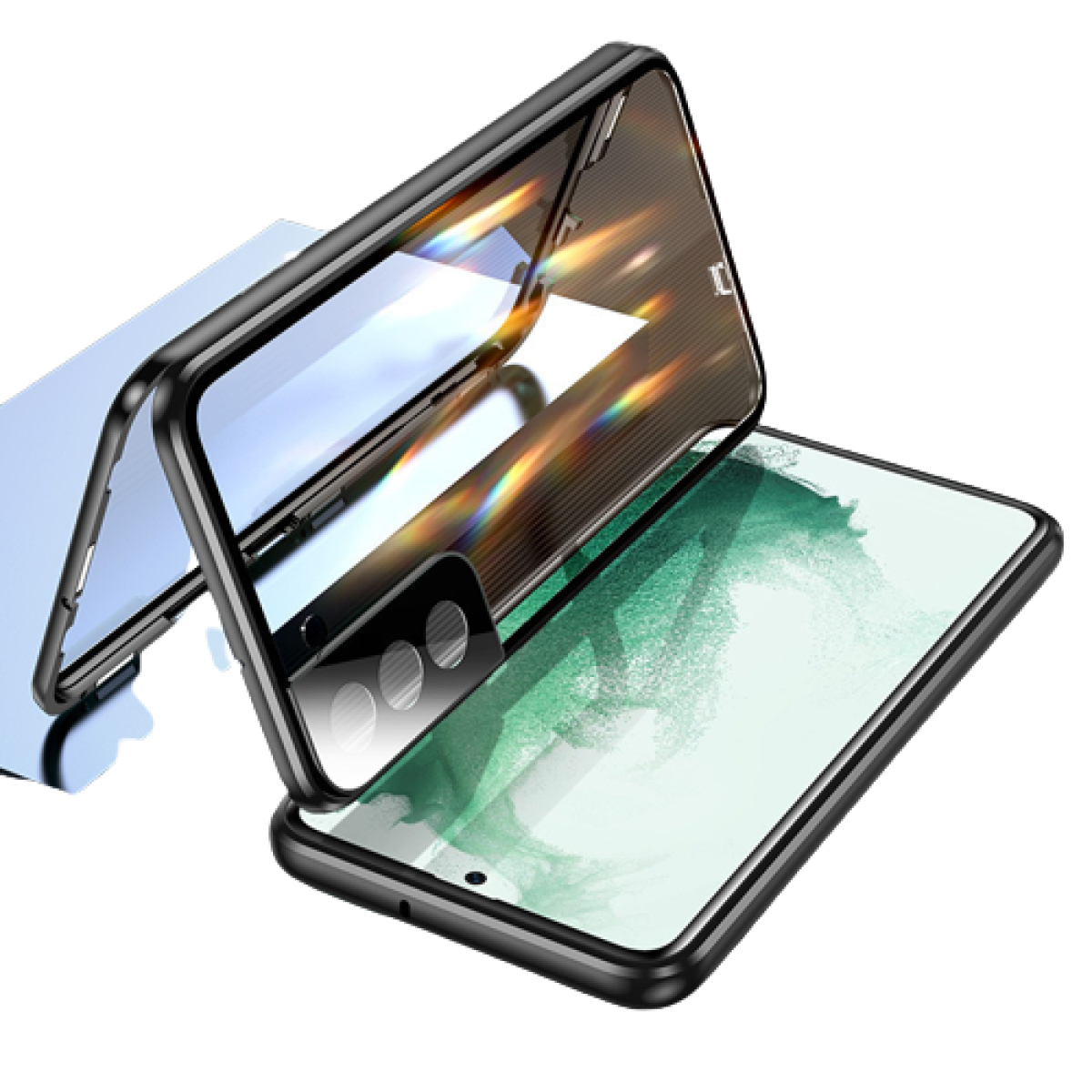 Una custodia per telefono nera con retro trasparente e superficie riflettente blu è mostrata, parzialmente aperta, rivelando un telefono con schermo verde-bianco.