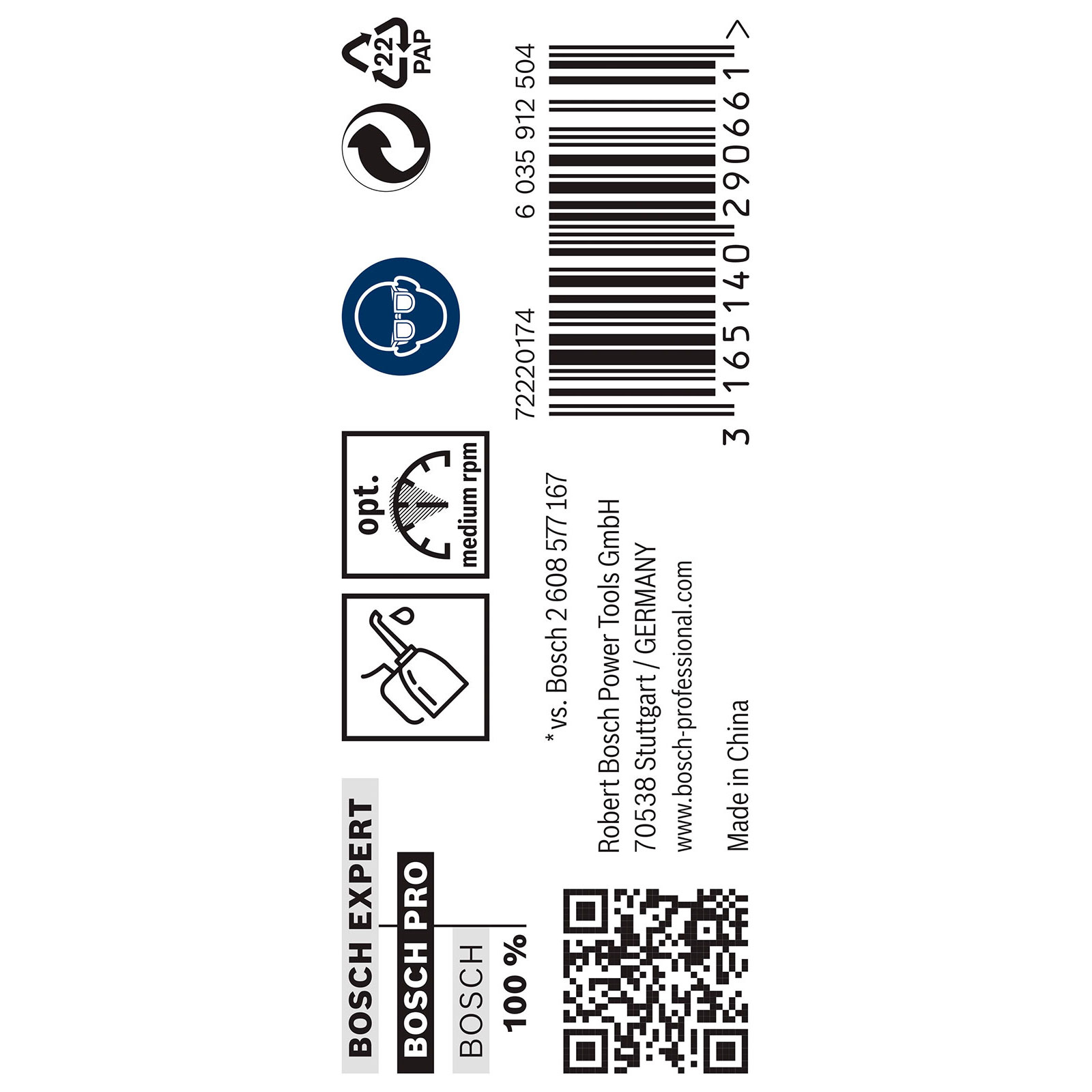 Symbol für Schutzbrille, Drehzahlmesser, Ölkanne, Barcode und Text.