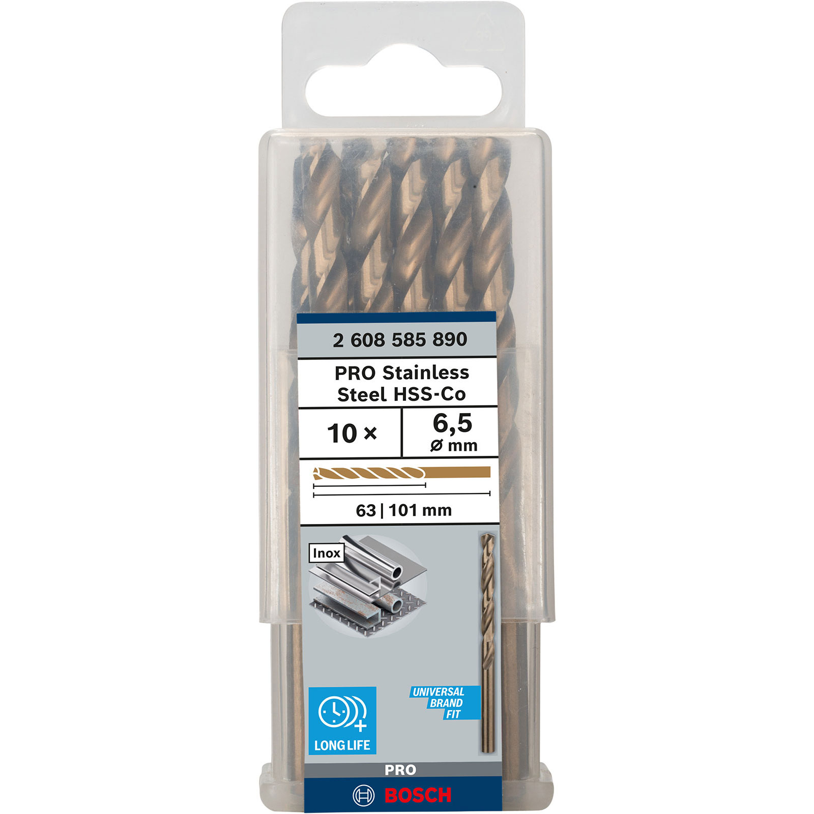 Eine durchsichtige Plastikverpackung mit 10 Bosch PRO Edelstahl HSS-Co Bohrern, 6,5 mm Durchmesser, 63-101 mm Länge.